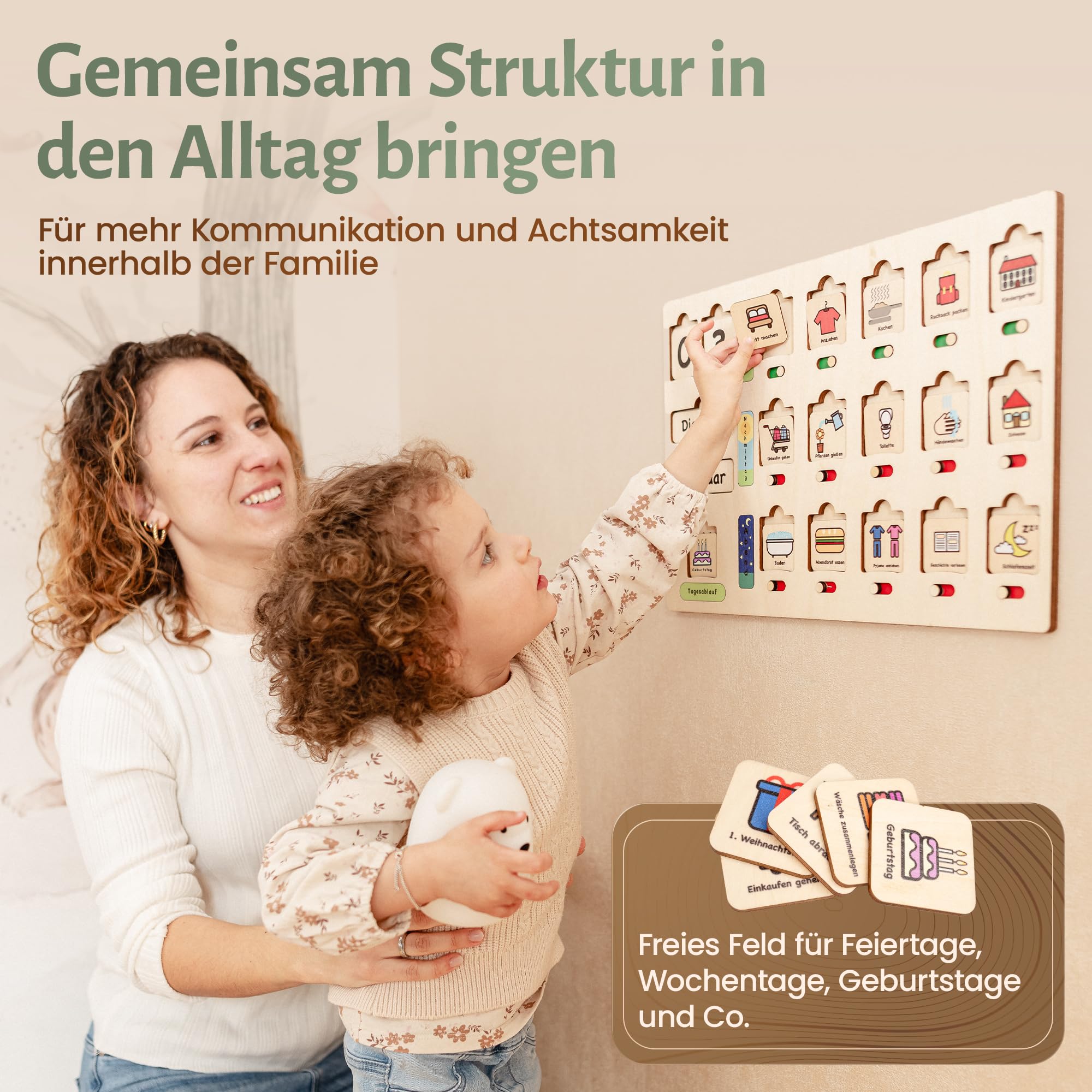 Premium Montessori Kalender & Tagesplaner Holz Kinder - Routinehilfe & Aufgabenplaner für Morgen, Mittag, Abend | Jahreszeiten, Feiertage, Wochentage | 100+ Symbole, Schieberegler & Box