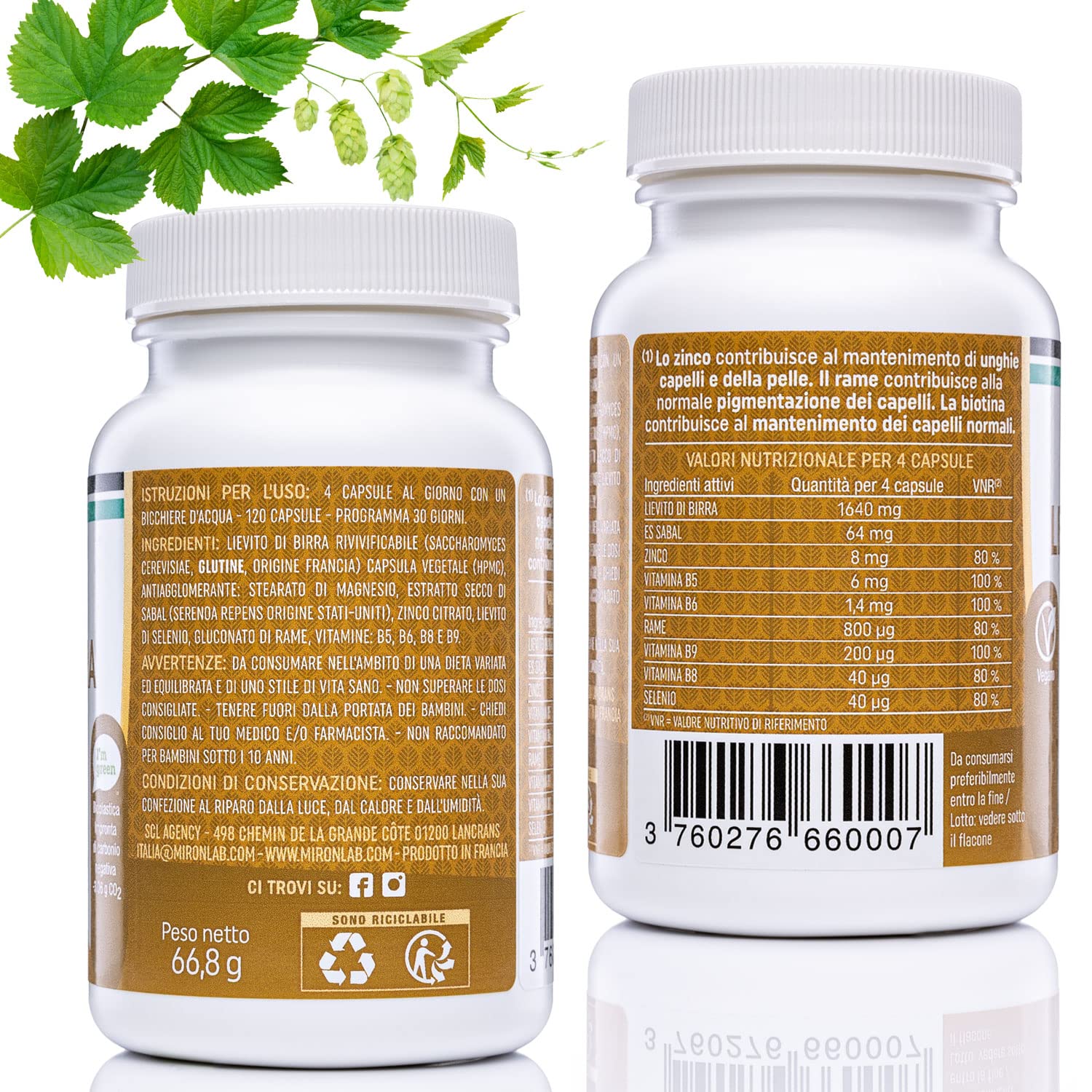 Lievito di Birra - Alto Dosaggio : 1640mg - Arricchito di Biotina Vitamine e Minerali - Integratore crescita capelli e Bellezza pelle e unghie - 120 Capsule : 1 mese - MIRONLAB