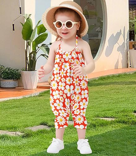 Backless Strap Slouch Jumpsuit for Toddler Girls Cute Harem Halter Romper Pants with Pockets(Yellow White,1-2T)
