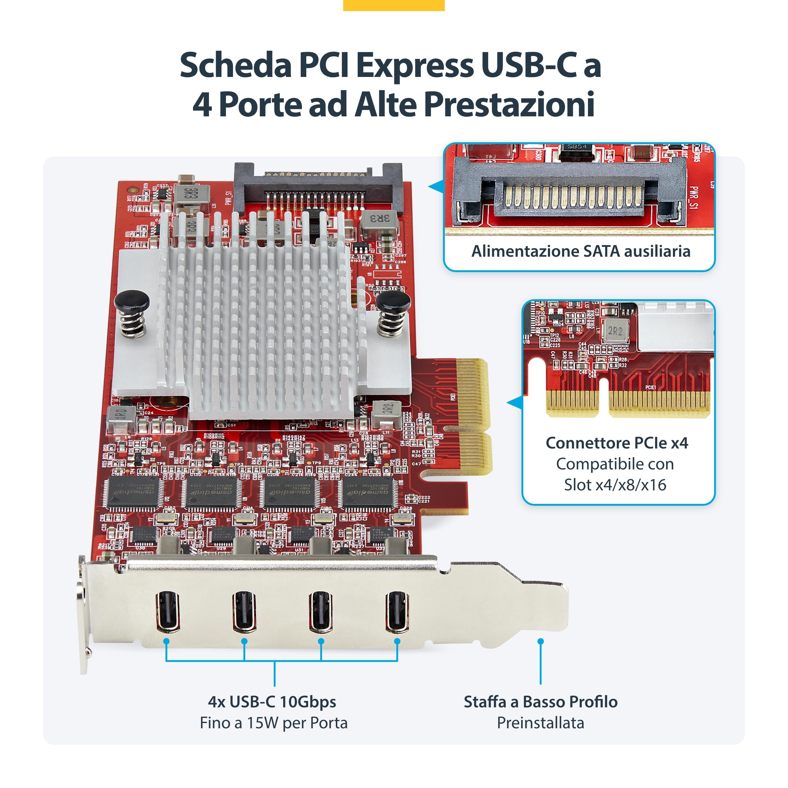StarTech Scheda PCIe USB-C a 4 Porte, Basso Profilo (P10Q4C-USB-CARD-LP) | Scheda Espansione PCI Express 10Gbps, 4 Controller Indipendenti
