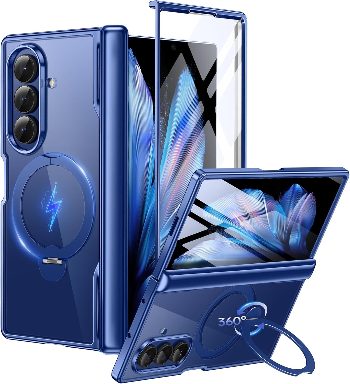BERFY for Z Fold 7 Case with 360 Spin Magnetic Stand, Compatible with Magsafe, Built-in Screen Protector, Clear Plating Full-Body Shockproof Protective Phone Case for Samsung Galaxy Z Fold 7, Blue