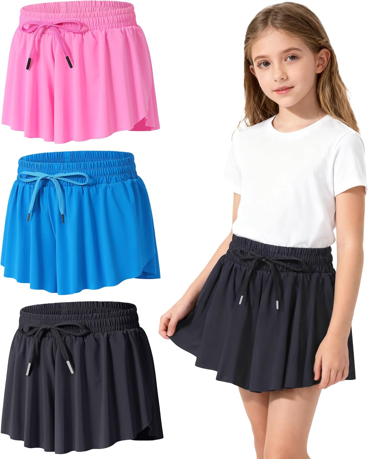 Girl's Athletic Shorts High Waist Flowy Butterfly Skirt with Pockets Liner 2 in 1 for Fitness, Running Sports