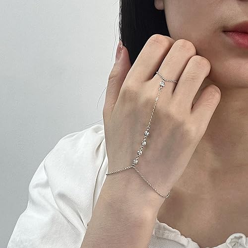 Miniatura 2 de 925 Sterling Silver CZ Diamond Finger Ring Bracelet Hand Chain for Women, Slave Bracelets 7" to 9" Adjustable