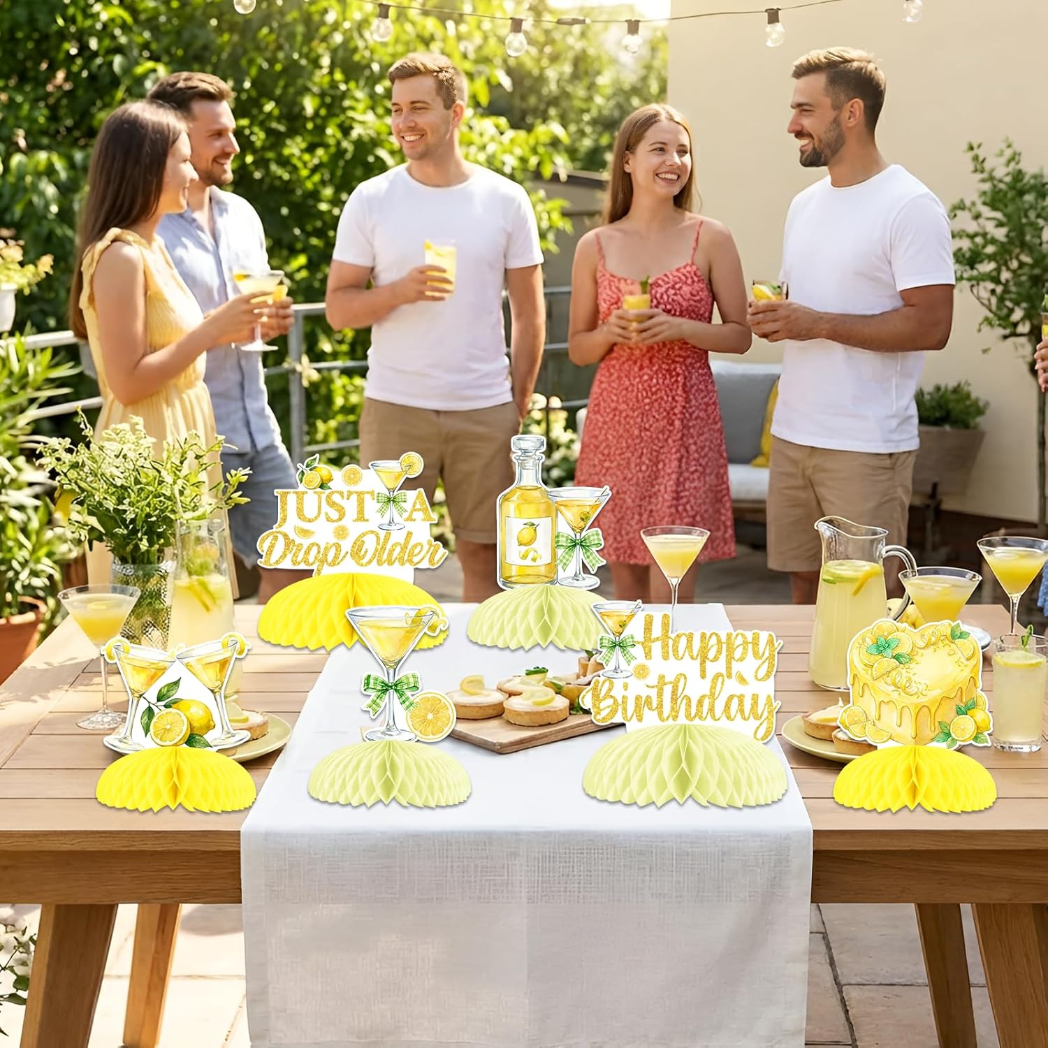 JOYMEMO Just A Drop Older Birthday Honeycomb Centerpieces, 8pcs Double Sided Lemon Martini Table Toppers for Women, Yellow Cocktail Themed Milestone Birthday Decorations