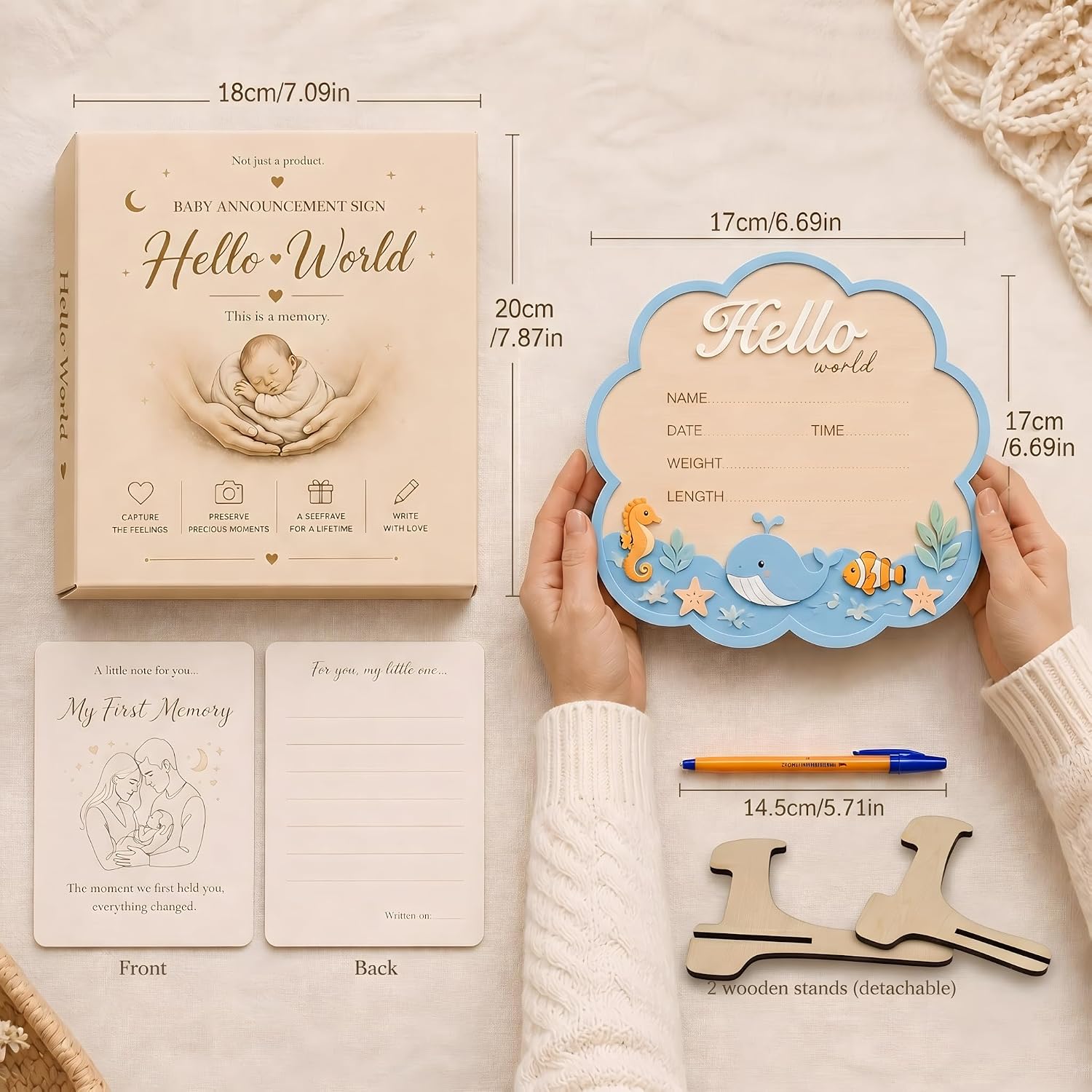 Welcome Baby Sign – 3D Wooden Birth Baby Announcement Sign with Whimsical Ocean Friends, Waves & Sea Life Details for Hospital Pictures, Nursery Keepsakes & Sweet Newborn Photo Props