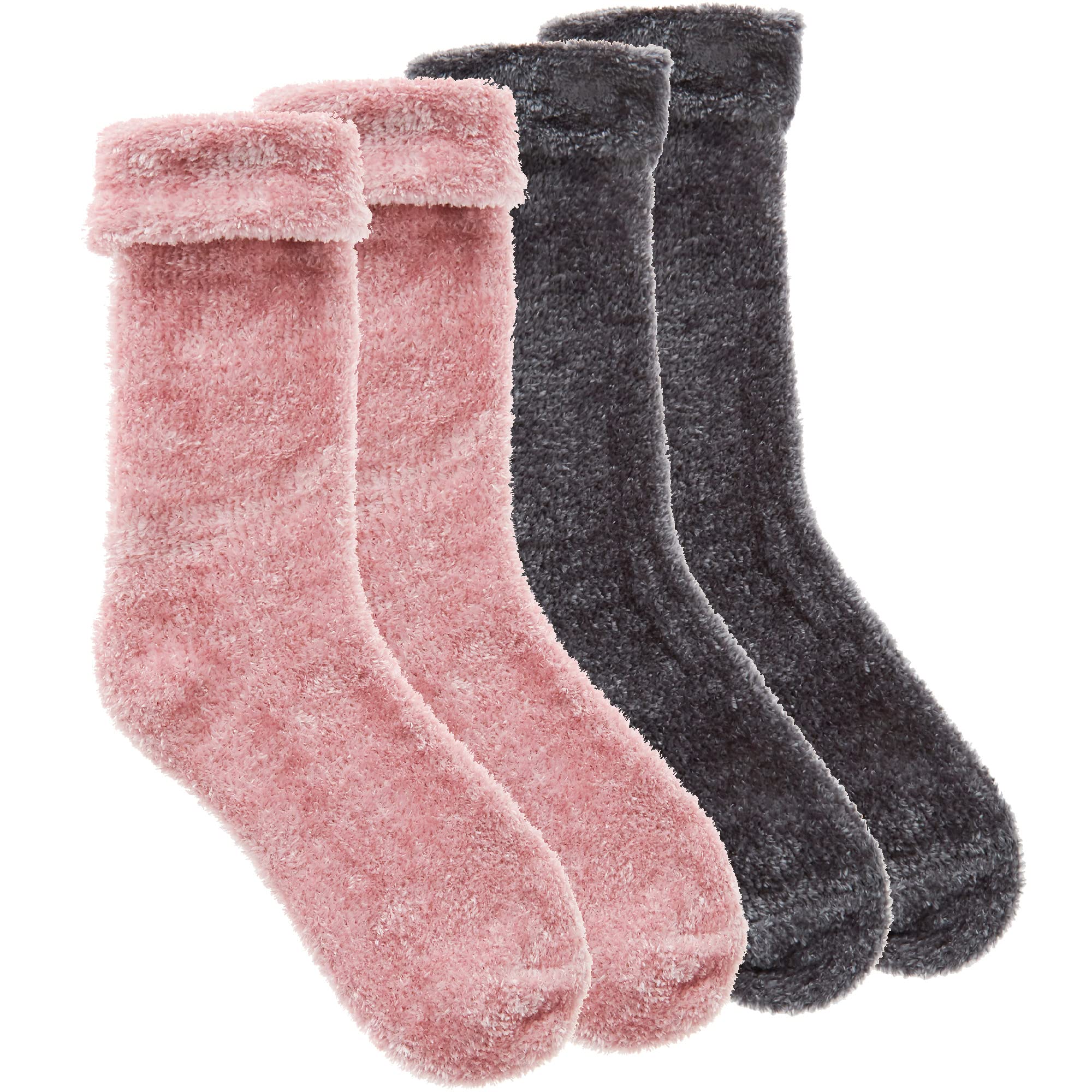 Metzuyan Women's Pink - 2 Pairs Chenille Cosy Fluffy Turn Over Top Plain Luxury Thermal Socks Pink Black Uk 4-8