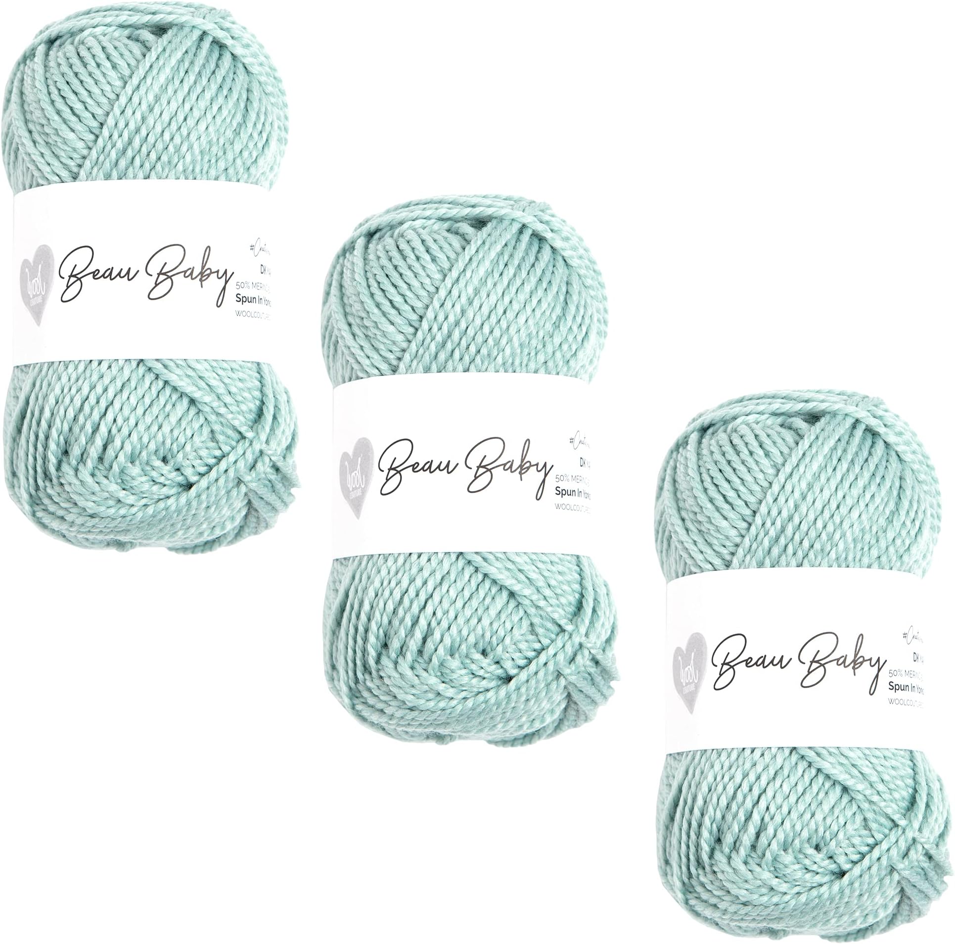 Wool Couture, Beau Baby DK Yarn - Double Knitted, Wool and Acrylic Blend - Teal Green, 50g Ball - 3-Pack