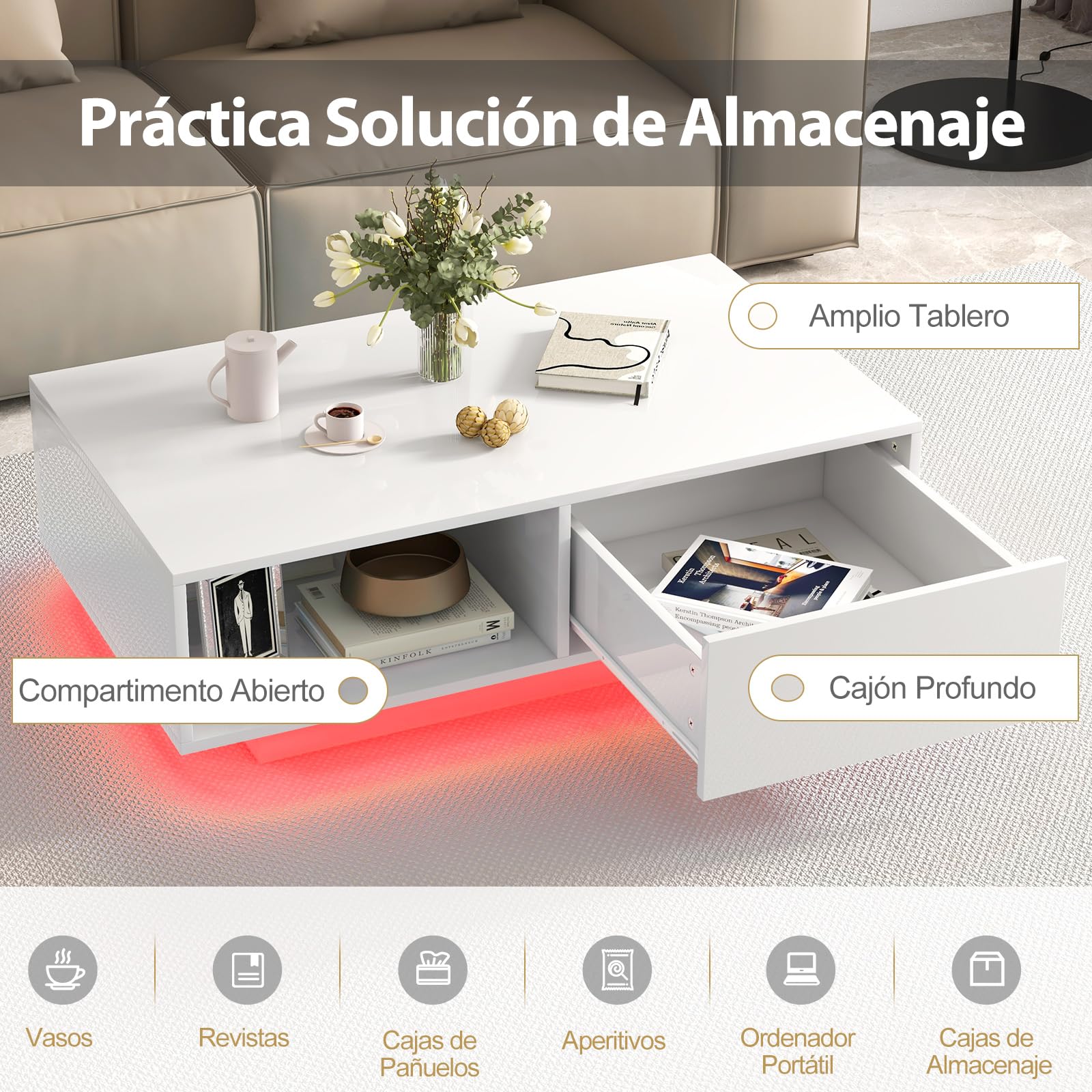 COSTWAY Mesa de Centro con 20 Colores de Luces LED, Mesa Moderna Rectangular con Control Remoto, Mesa Inteligente de Cóctel con Cajón y Estante Abierto, Mesa de Centro para la Sala de Estar (Blanco)