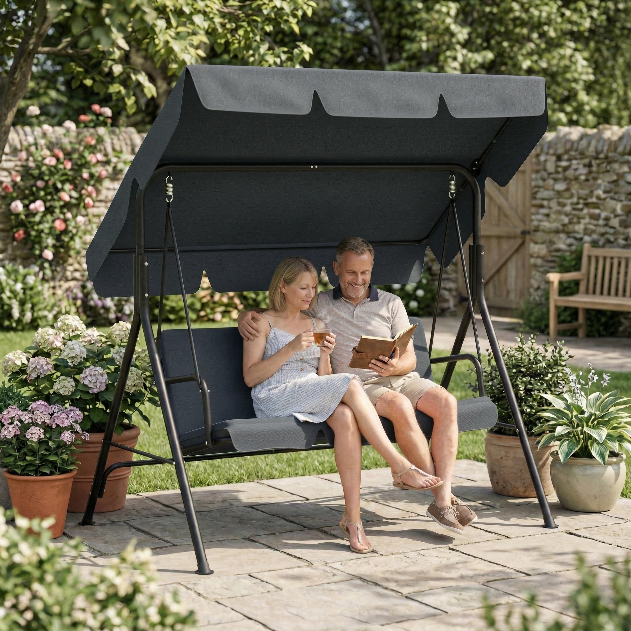 SAILUN 3-Seater Outdoor Canopy Swing Chair, Heavy Duty Patio Swing with Adjustable Sunshade, Weatherproof Garden Furniture, 200KG Capacity, for Garden, Patio, Balcony, Grey 176x110x152cm
