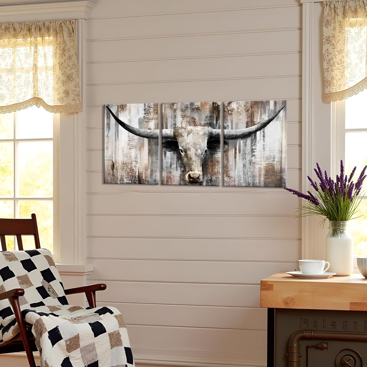 LevvArts Rustic Longhorn Bull Wall Art Brown Farmhouse Cabin Decor Western Style Man Cave Painting Print 12"x16"x3
