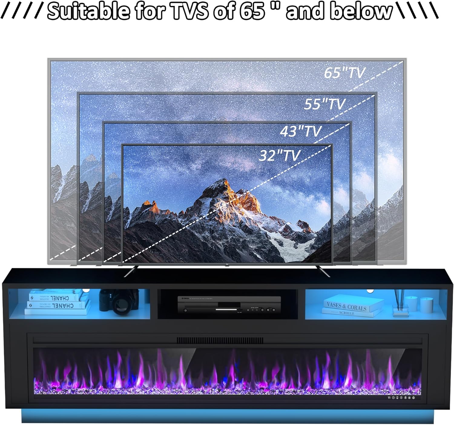 AHB 58" Fireplace TV Stand for TVs Up to 65" with 52" Electric Fireplace, TV Console for The Living Room, LED Light Entertainment Center, Storage Cabinet, Media Console Table, Black - Image 6