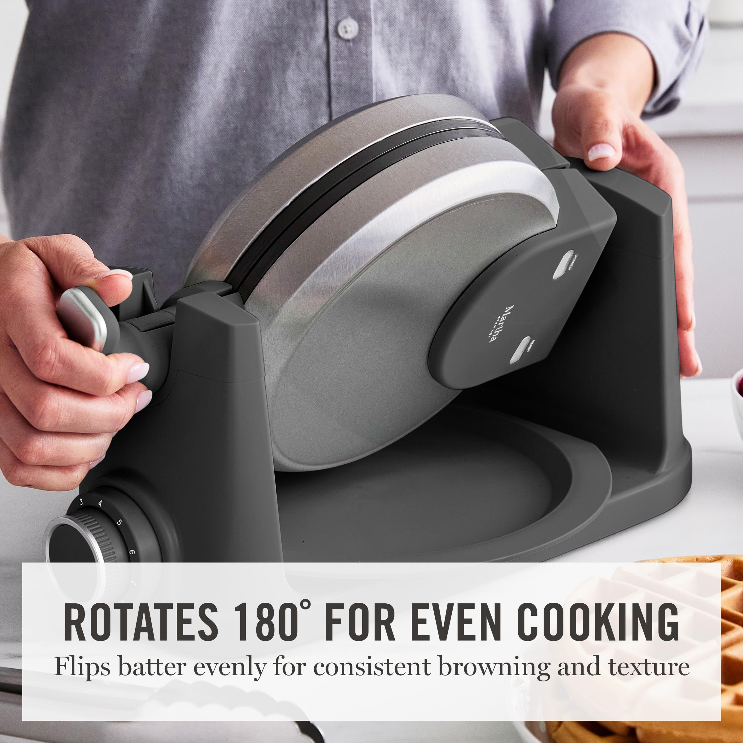 Martha Stewart Rotating Waffle Maker, 180° Flip Iron with PFAS-Free Nonstick Plates, Adjustable Timer, Ready Light, Drip Tray, Space Saving, Classic Round 7”, Easy to Clean, Stainless Steel, Caviar - 4