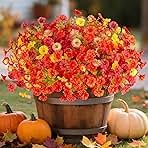 Fall Artificial Flowers for Decoration, 12 Bundles Fake Autumn Flower Plants Petunias, Faux Silk Morning Glory Eucalyptus for Planter Garden Porch Front Door Window Box, Orange Red Yellow