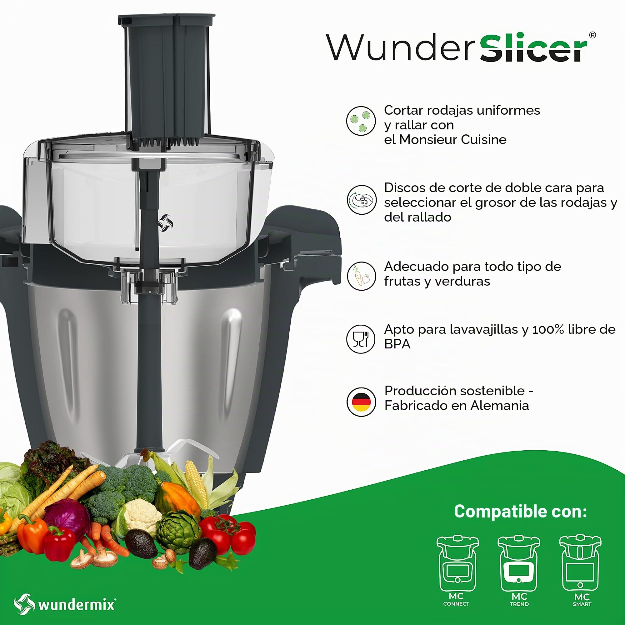 Wundermix - WunderSlicer® Cortador de Verduras para Monsieur Cuisine Connect, Trend & Smart • Cortar y rallar Verduras y Frutas con Facilidad • Fabricado en Alemania | Connect, Trend & Smart, cortar y rallar verduras y frutas, Made in Germany