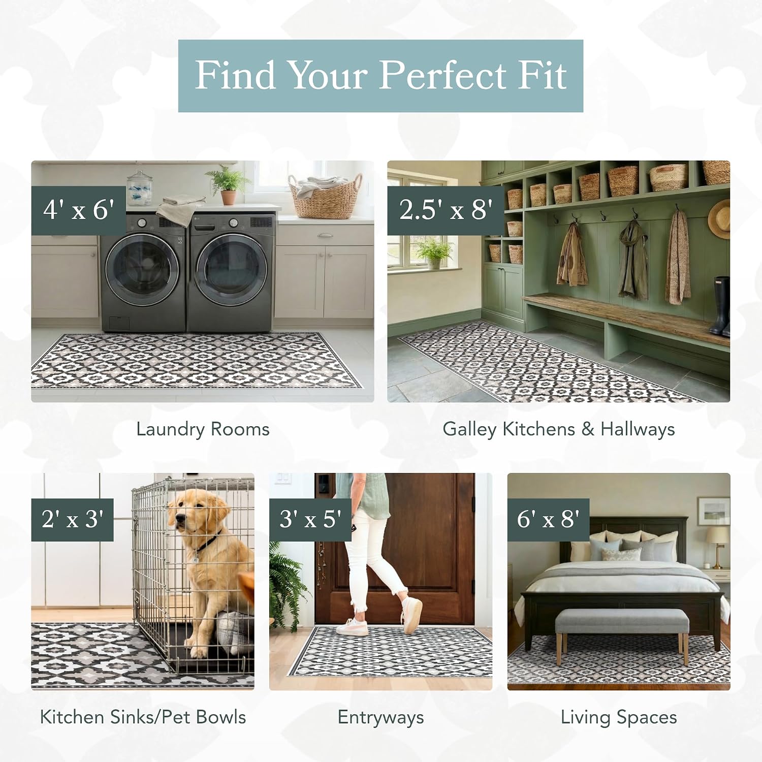 Carolina Creekhouse Vinyl Floor Mat 4'x6' - Taupe Geometric Floral - Waterproof Non-Slip Kitchen Rug - Hard Floor Safe - Eco-Friendly Flat Weave - 4'x6'