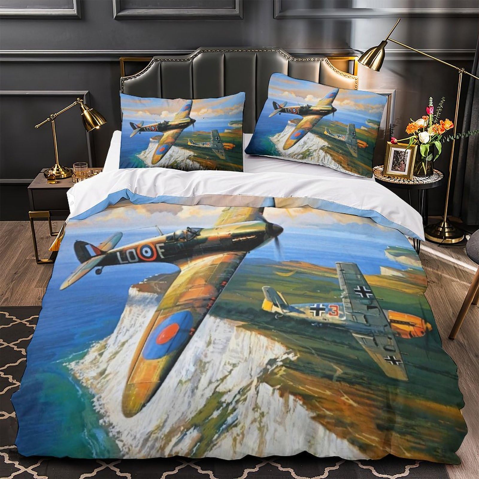 Mjasvndfo Style-8 British Spitfire Fighter 3D Print Military Comforter Covers Quilt Cover Duvet Cover For Teens And Adults Soft Microfiber Bedding Set With Pillow Cases With Zipper Closure 3 Pieces King（220X240cm）