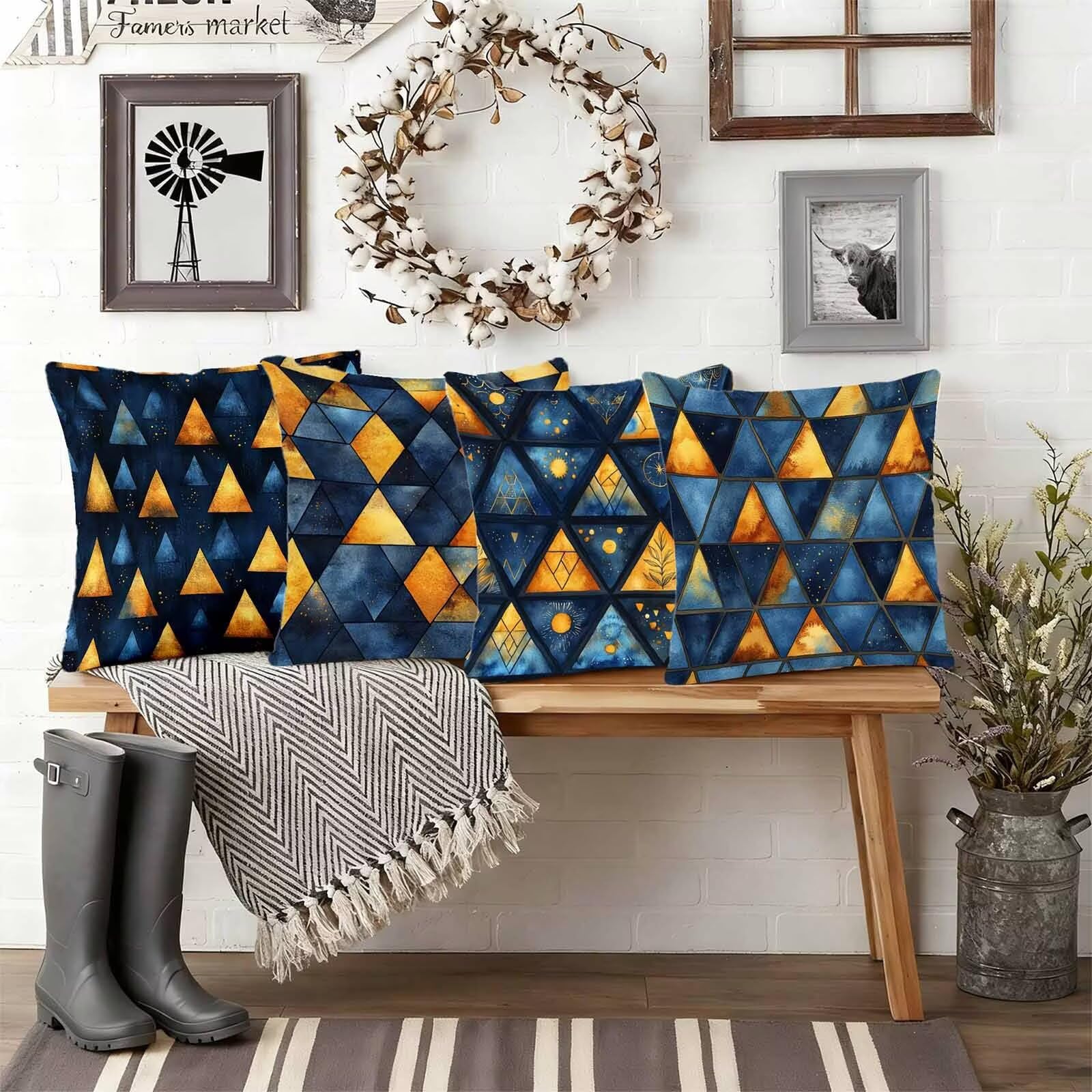 Ciemnoniebieska poszewka na poduszkę 70 x 70 cm, zestaw 4 sztuk, wodoszczelna, lniana poszewka na poduszkę, grafika, na sofę, kwadratowa poduszka dekoracyjna do pokoju, dekoracja salonu, z ukrytym