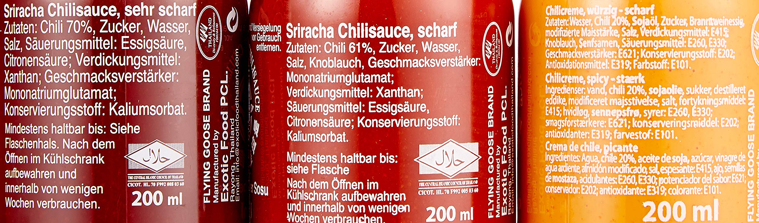 FLYING GOOSE Sriracha scharfe Chilisaucen Mischkarton (in 3 Geschmacksrichtungen, Würzsauce aus Thailand) 12er Pack à 200 ml (5 x scharf , 4 x sehr scharf , 3x Mayoo)