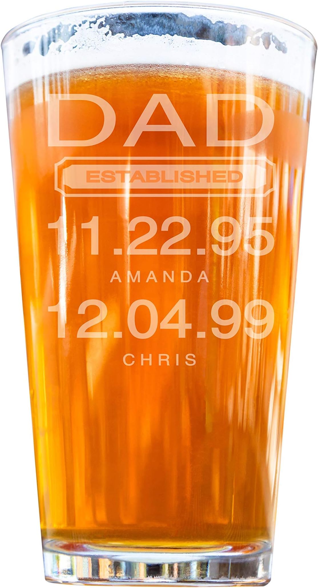 Personalized "Dad Established" Pint Glass - Customizable Engraved Pub Glass with Names and Birthdates - Perfect Birthday Gift for Fathers, Grandfathers, and New Dads - 16 oz.