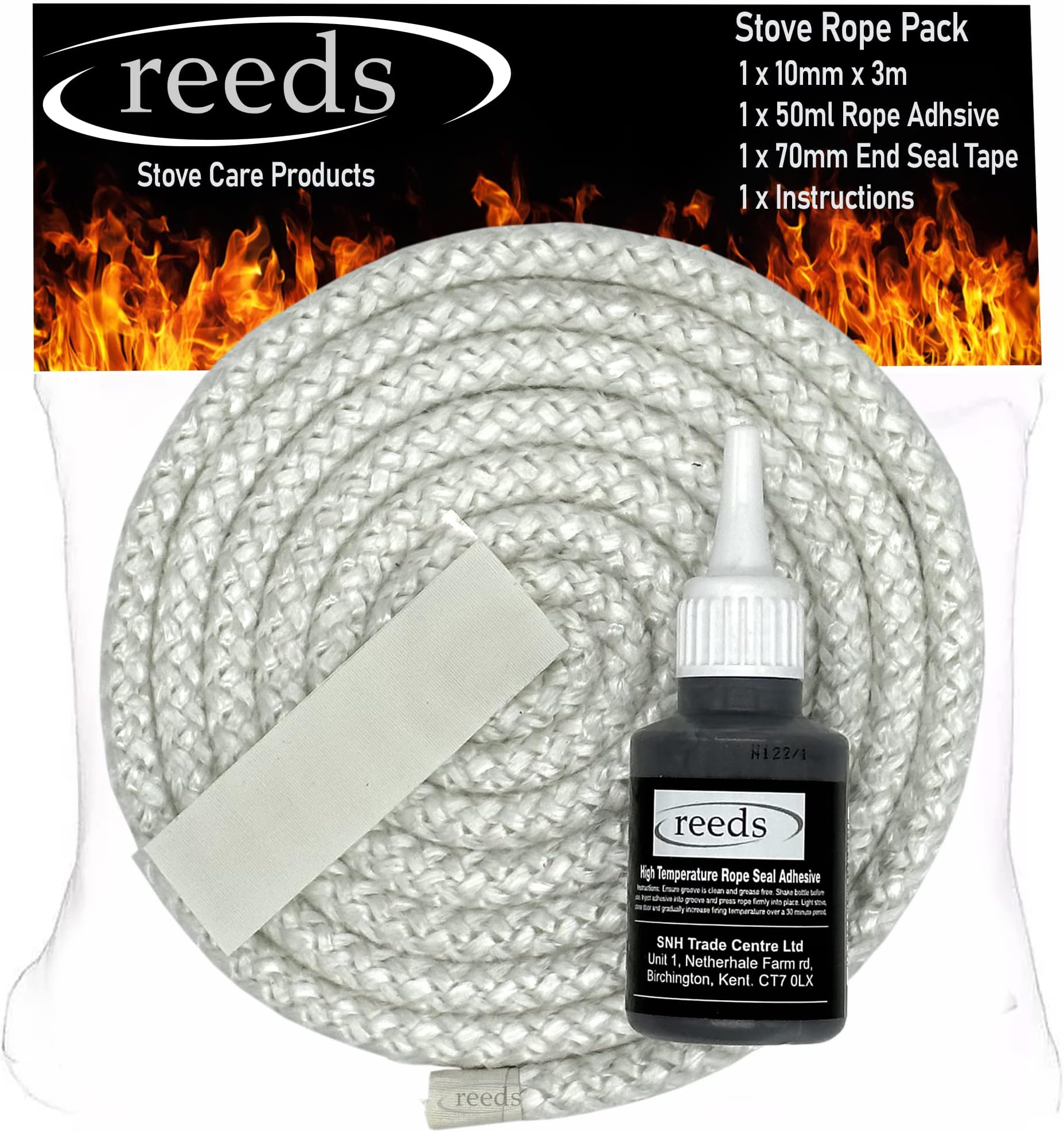 Stove Fire Rope 10mm x 3m Length & Reeds Glue 50ml Kit Woodburner Log Burner Door Seal Kit