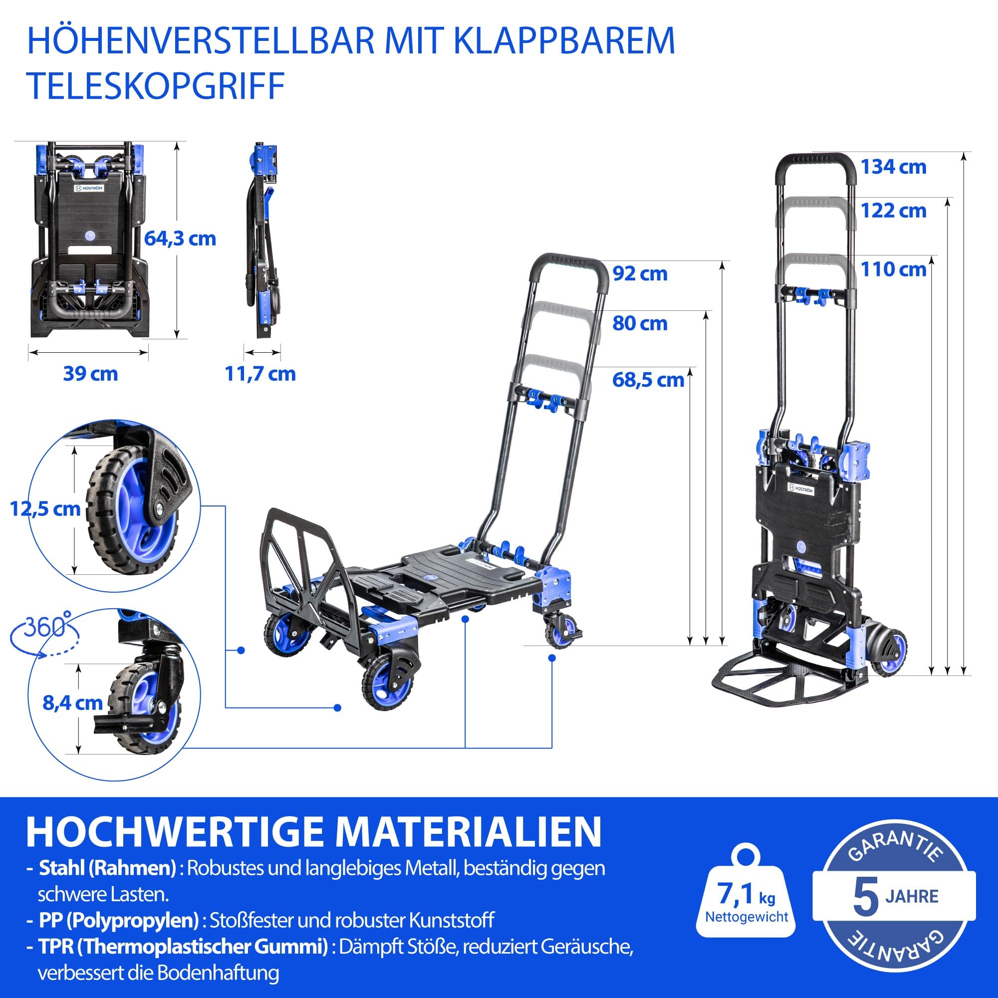 HOSTRÖM 2-in-1 Klappbarer Transportwagen & Sackkarre, Tragkraft 136 kg/68 kg, 360°-Lenkrollen, teleskopierbarer Griff, 5 Jahre Garantie