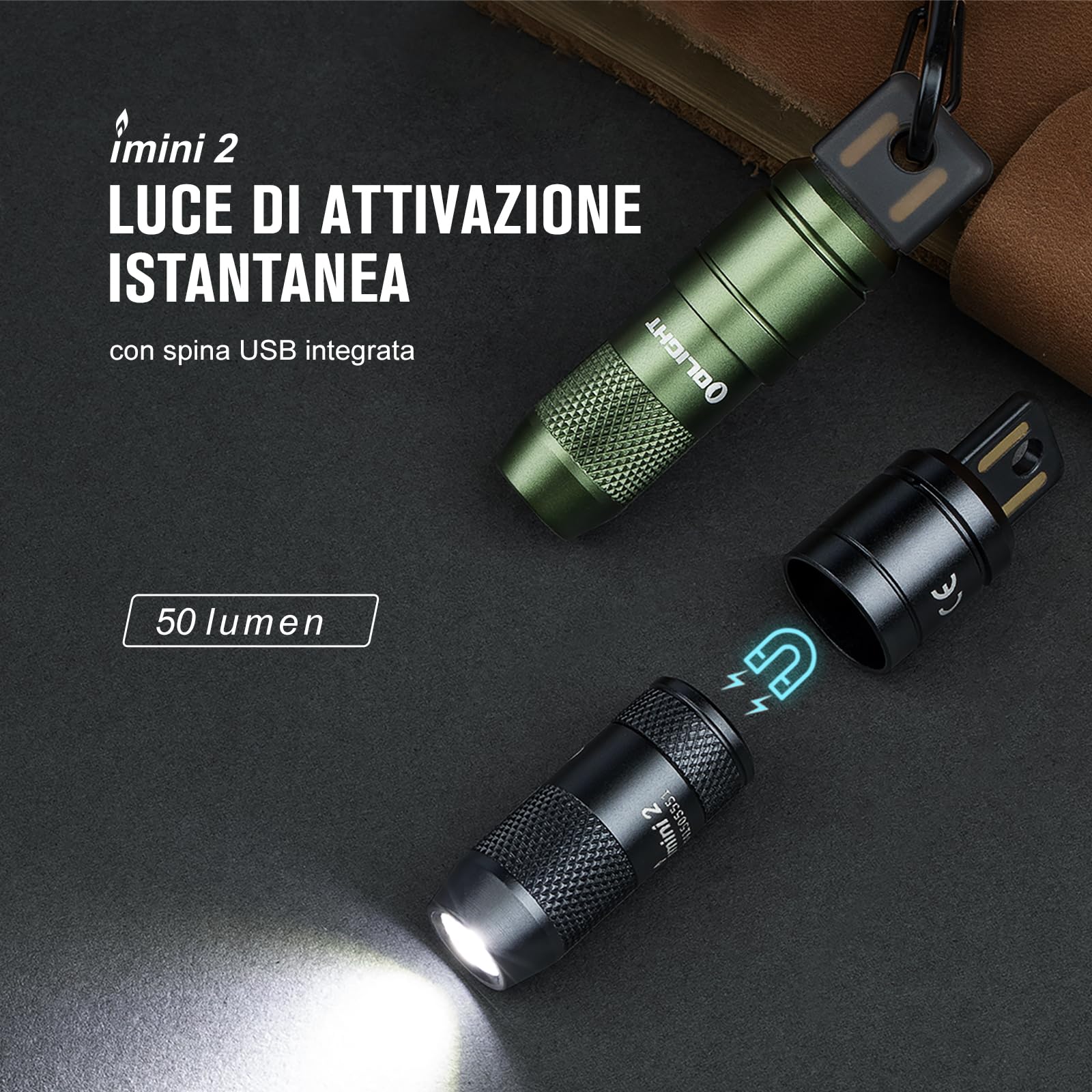OLIGHT I Mini 2 Mini Torcia Portachiavi a LED con Base Magnetica, Ricarica USB-A, Grado IPX6 e 21 Metri, Torcia Portachiavi Compatta per Picnic, Riparazioni ed Emergenze (Nero)