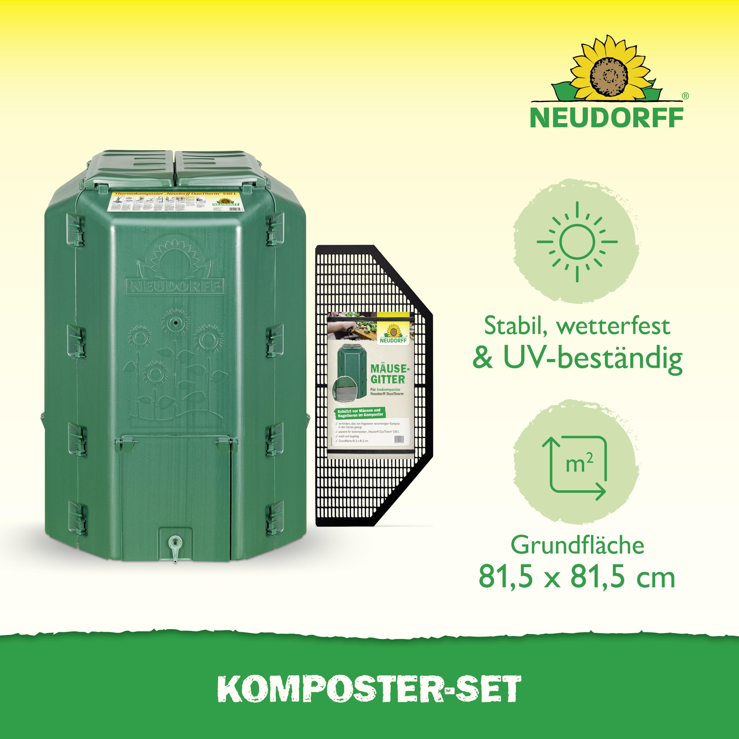 NEUDORFF Thermokomposter mit Bodengitter DuoTherm 530 L Schnellkomposter rattensicher - Komposter Garten für Küchenabfälle - Wetterfeste und UV-beständige Komposttonne mit Recycling Kunststoff