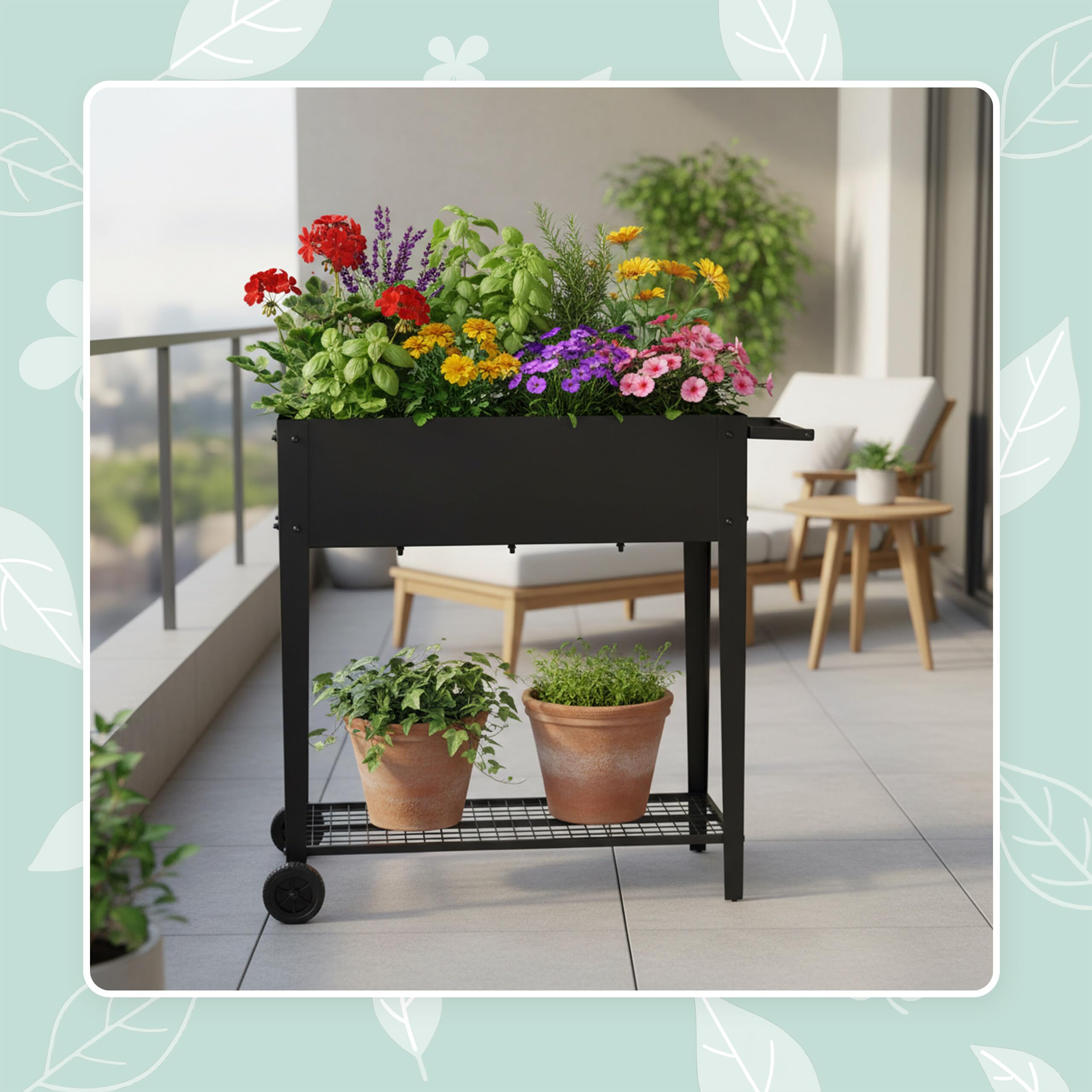 Relaxdays Jardinera elevada con Estante y Ruedas, para jardín, balcón y terraza, 80 x 85 x 50 cm, Negro