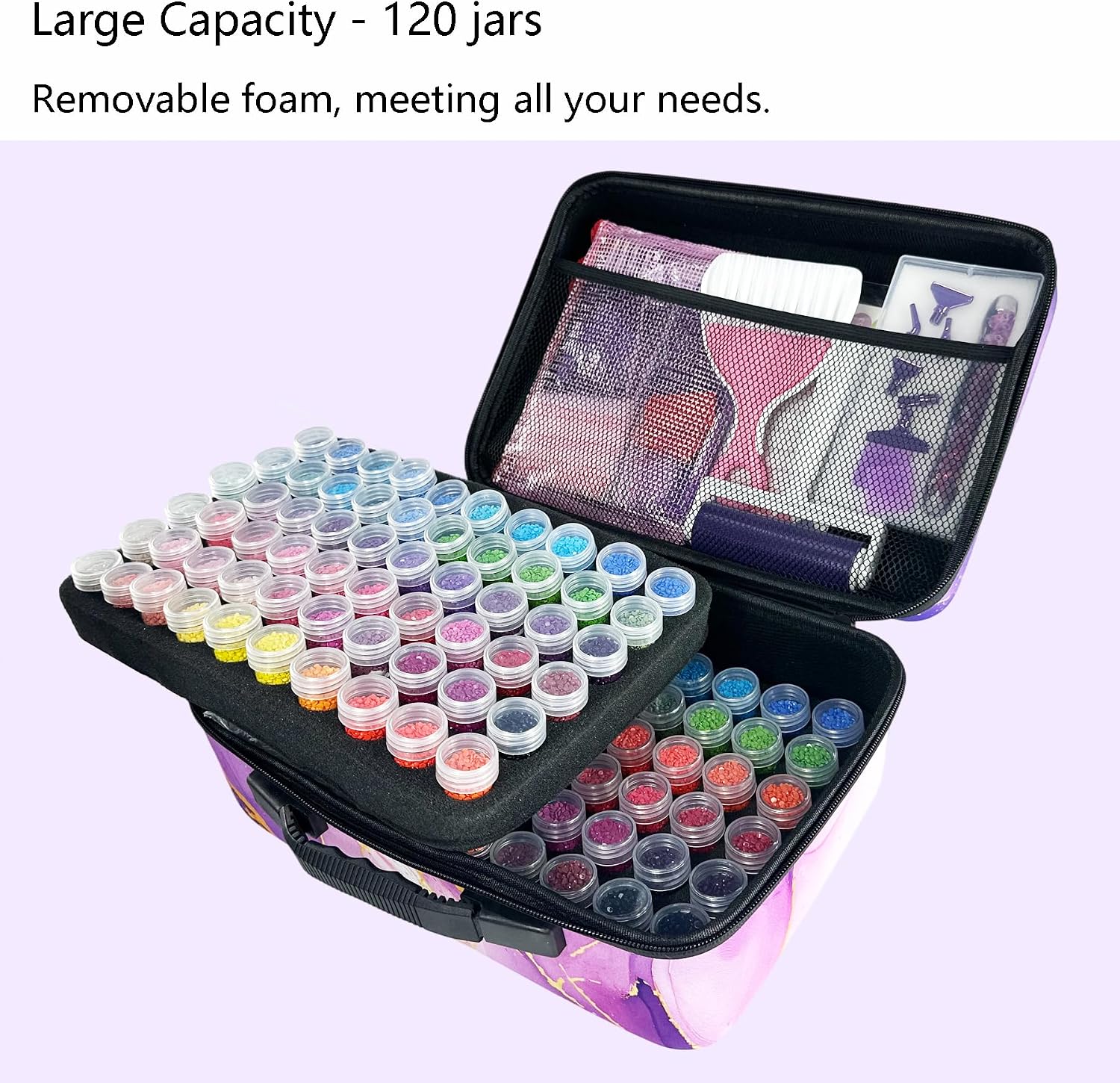 Muzagroo Art Diamond Painting Storage Containers Diamond Art Storage Case with Accessories and Tools Portable Shockproof 120 Slots Organizer Case for Diamond Painting Kits L (Purple-Deluxe Set)