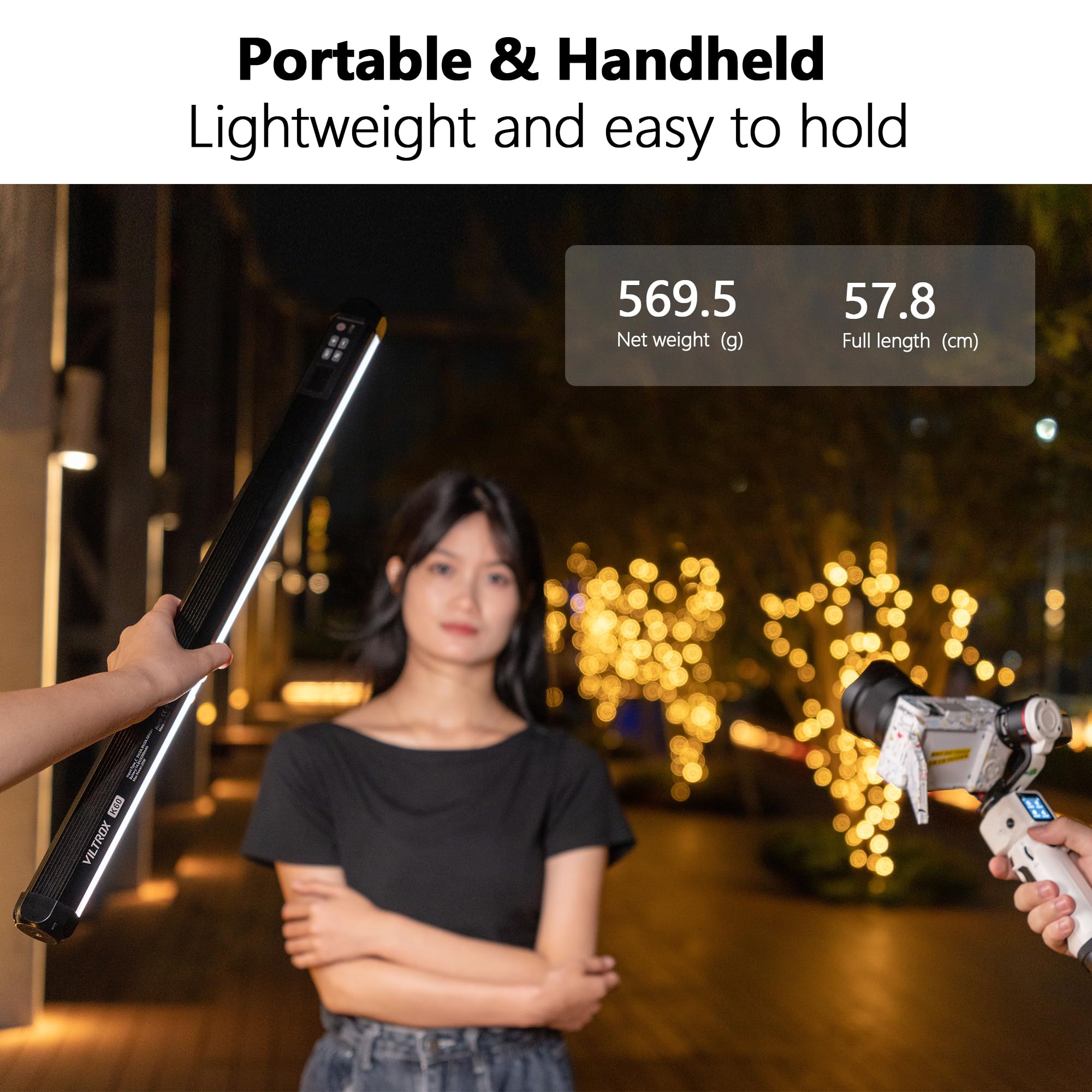 VILTROX K60 - Paquete de 2 Barras de luz LED RGB con Control de aplicación, Tubo RGB de Mano de 360° para fotografía, Regulable de 2500 K-8500 K, CRI97+, 26 escenas de luz, Pantalla LCD, batería de