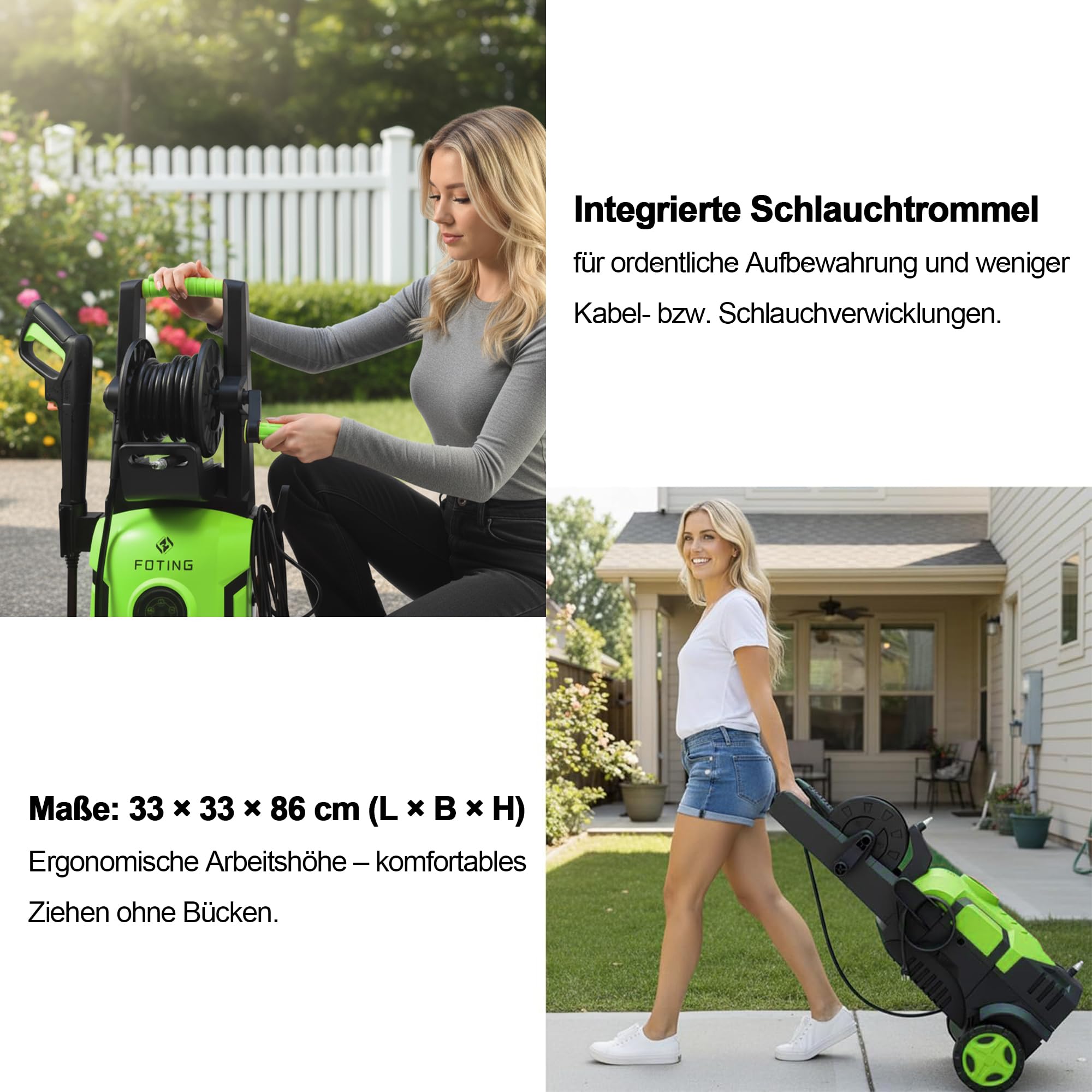 Hochdruckreiniger 150 Bar, 8-stufiger Touchscreen, 3 Modi, 250–420 l/h, 60 m²/h, mit Schlauchtrommel, 500 ml Schaumkanone, Dreckfräser, 7 m Schlauch