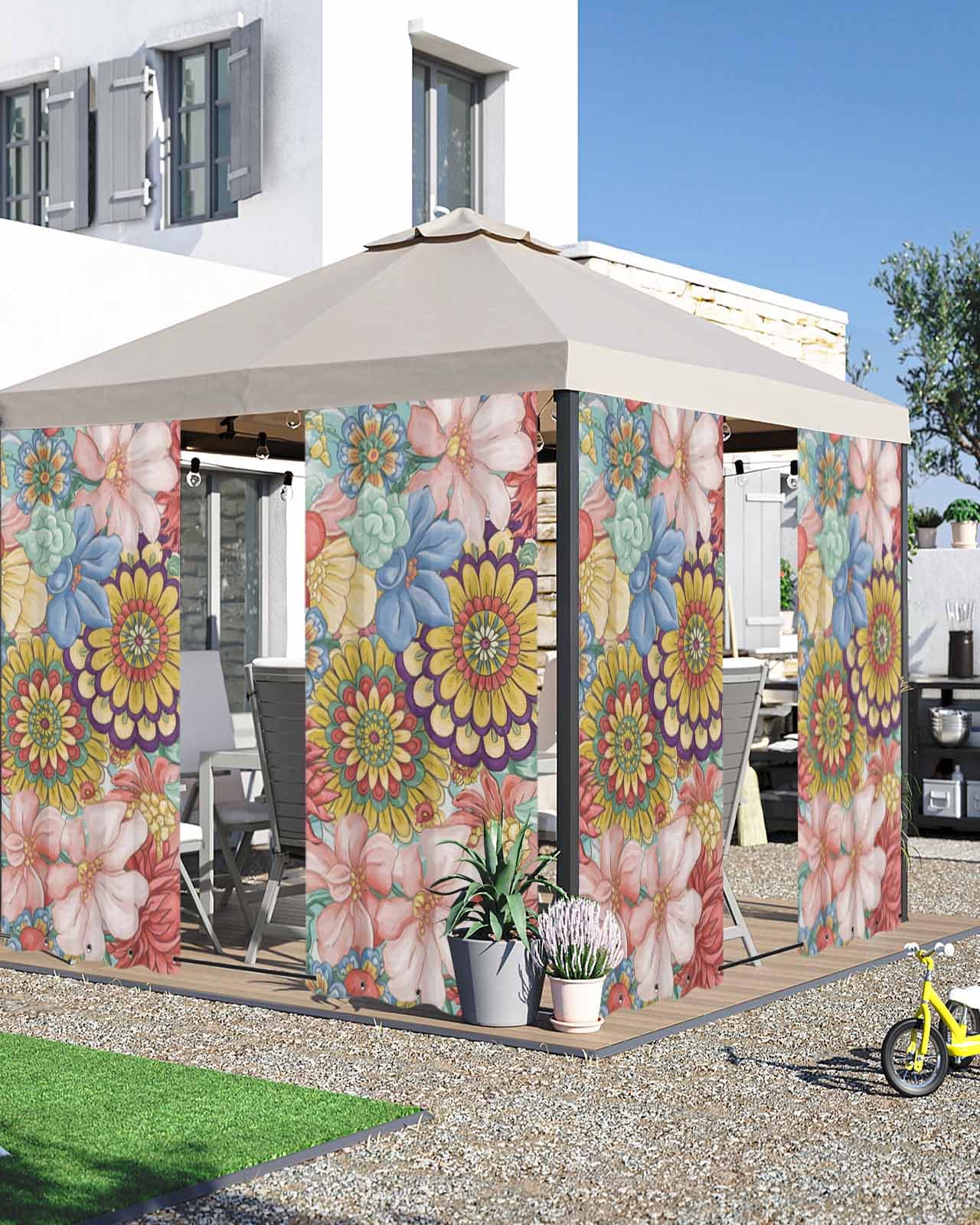 Sabolny Boho Floral Outdoor Curtains for Patio Waterproof,Bohemia Country Colorful Mandalas Flower Patio Porch Outside Grommet Curtains for Cabana Pergola Privacy & Blocking Sunlight,2 Panel 54