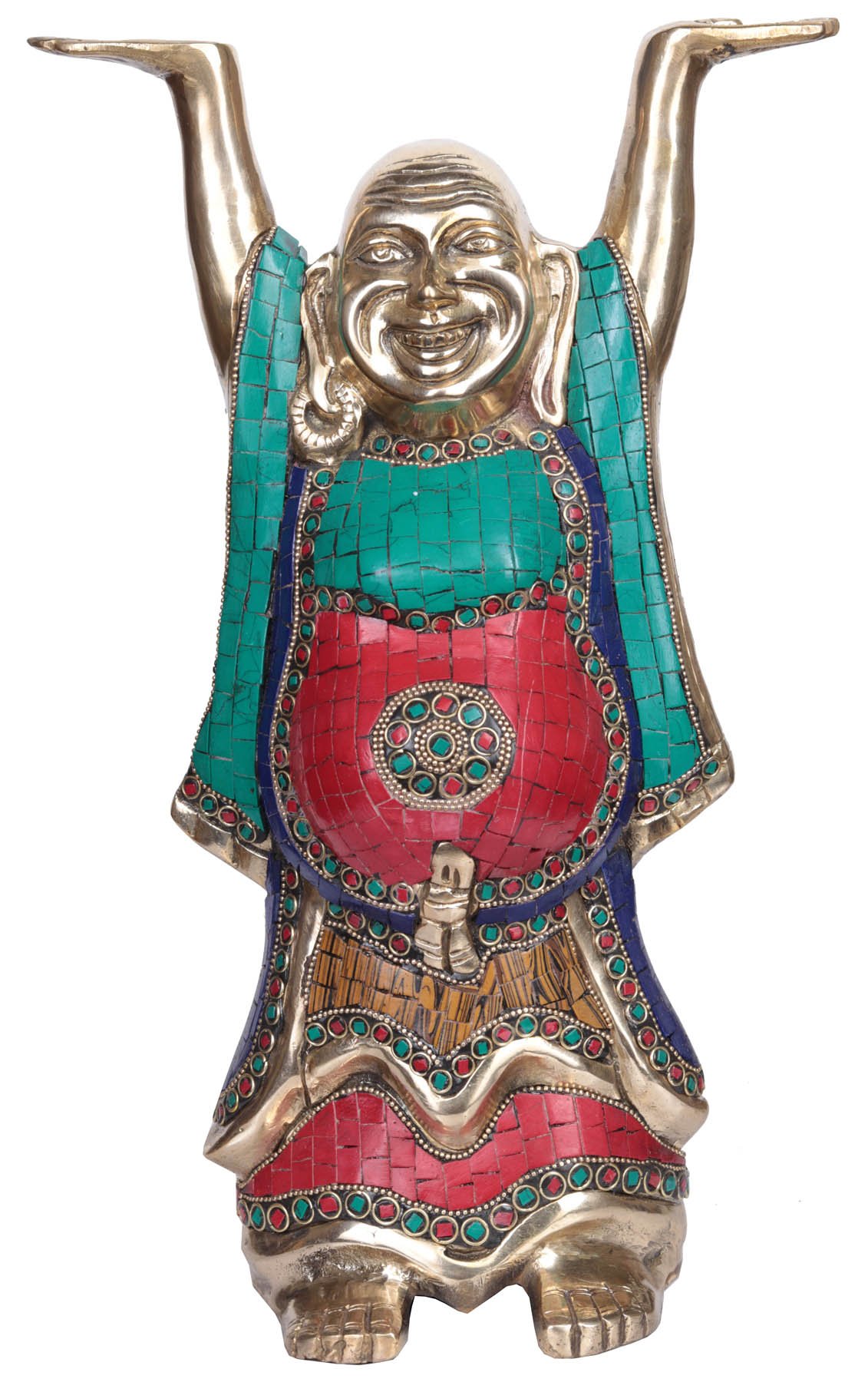 Statue Bouddha Rieur en laiton d'Exotic India avec marqueterie artisanale