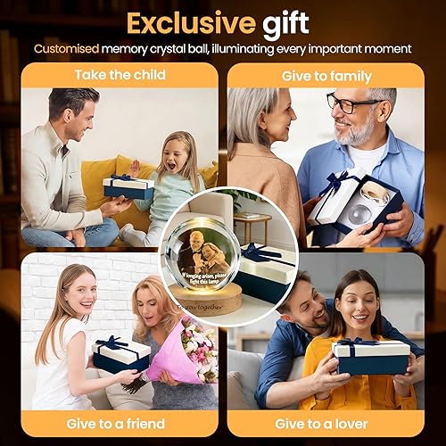 Miniatura 7 de Luz nocturna de bola de cristal personalizada con foto 3D, lámpara de imagen grabada personalizada con base de madera para parejas, familia y