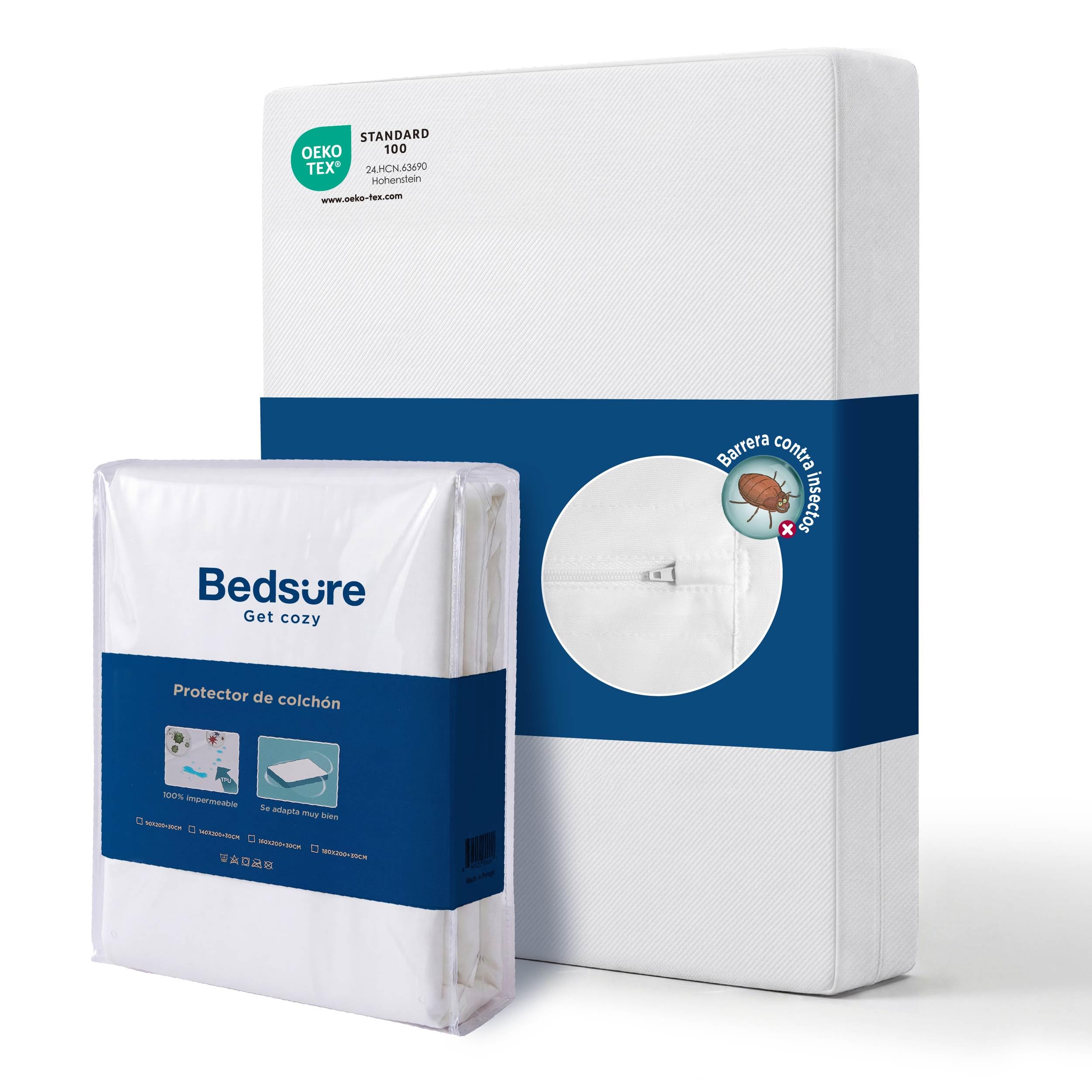 BEDSURE Protector de colchón 140 x 190 x 30 cm, Resistente al Agua contra ácaros y chinches, protección contra la Humedad, protección contra alérgicos, Lavable a 40°, Antideslizante