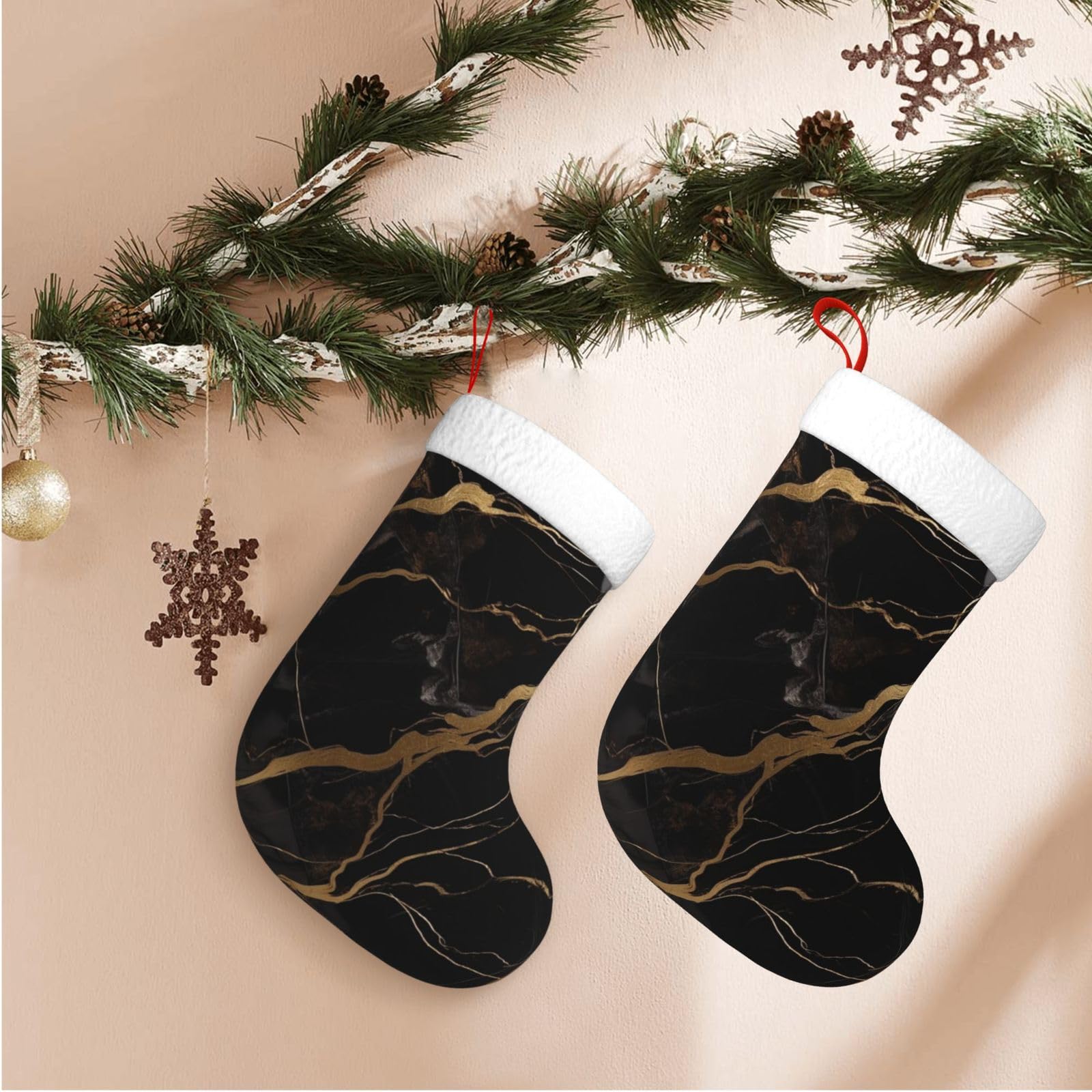 17.7" Christmas Stocking 1 Piece, Black Gold Marble Xmas Stockings with White Plush Cuff Fireplace Hanging Stocking for Christmas Holiday Party Decoration