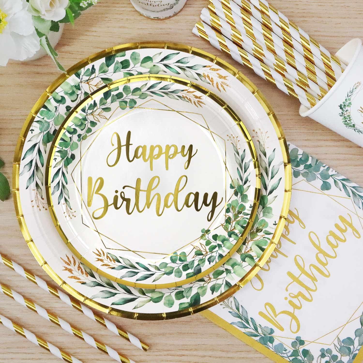 Piatti Compleanno Verde Salvia per 25 Ospiti, 125pcs Piatti di Carta Buon Compleanno Kit toviglie per Feste Bicchieri Tovaglioli Cannucce Verdi Dorato per Decorazioni Ragazzi Ragazze