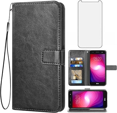 Asuwish Compatible con LG X ChargeFiesta 2 LTEX Power 2X5LV7 - Funda tipo cartera de vidrio templado, protector de pantalla de cuero, soporte para