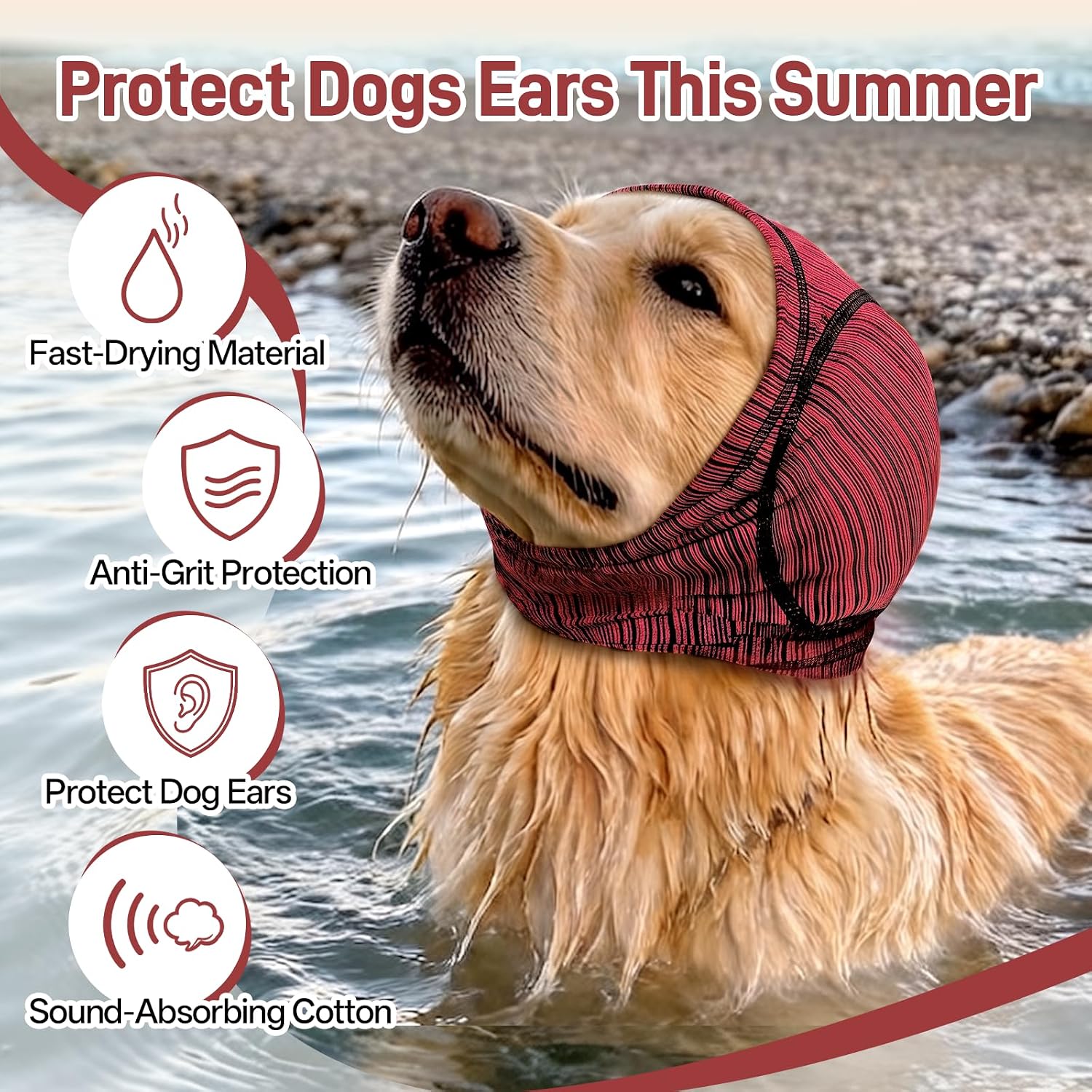 Dog Ear Muffs Noise Protection Calming No Shake Head Wrap Hematoma | Breathable,Elastic,Easy to Wear,Noise Cancelling,Anxiety Relief,Fast-Drying,Lightweight,for Swim,Grooming,Bath,S Rosered