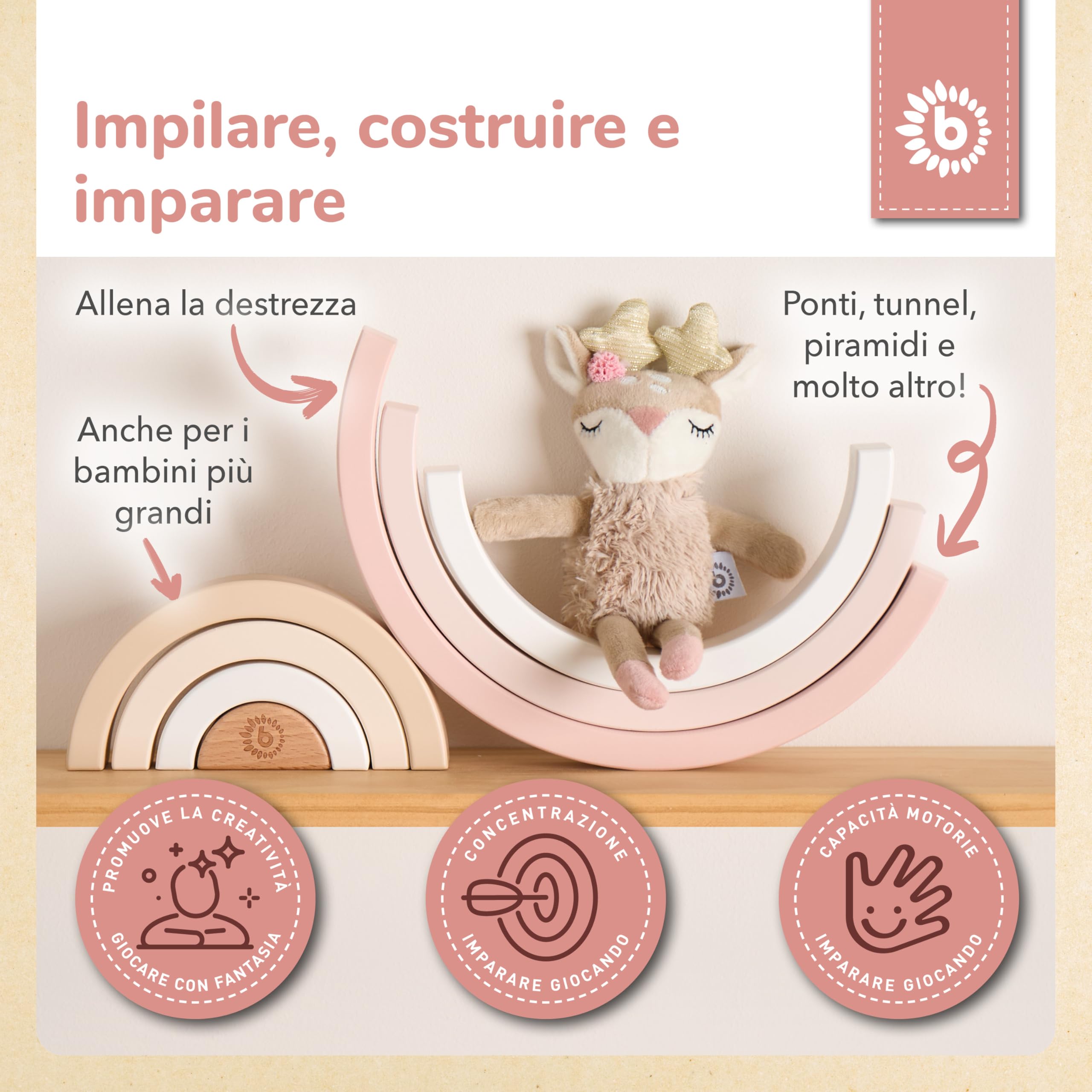Bieco Ella, torre impilabile in legno per bambini, torre decorativa per giochi Montessori, impilabile a partire da 1 anno