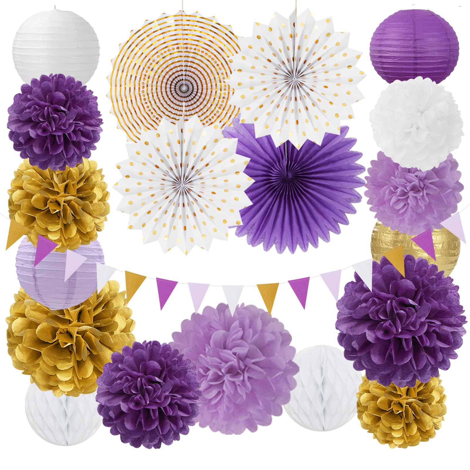 Purple-Lavender White Gold Party Decorations - 20pcs Graduation Birthday Paper Lanterns Fans,Tissue Pom Poms,Honeycomb Balls,Baby Shower Bridal Wedding Bachelorette Valentines Day Decor Burgleda