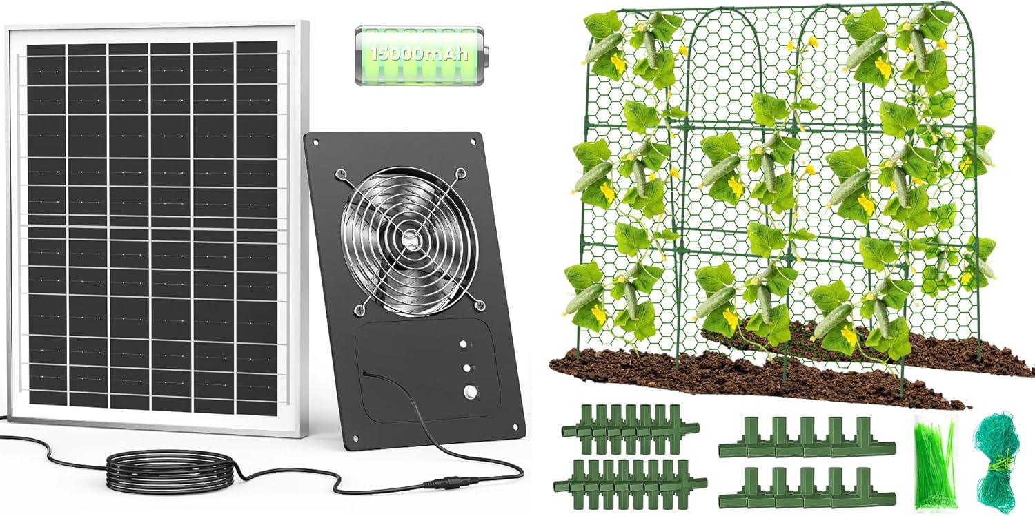 Solar Powered Fan with Battery and Timer, Arch Cucumber Trellis