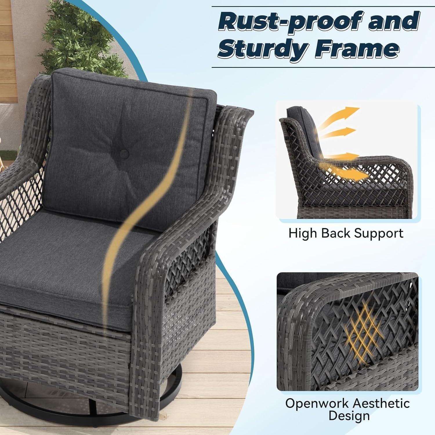 3 Pieces Patio Swivel Chairs, Wicker Patio Conversation Sets with Rocking Chair, Side Table for Outdoor Garden Porch Backyard(Dark Grey)