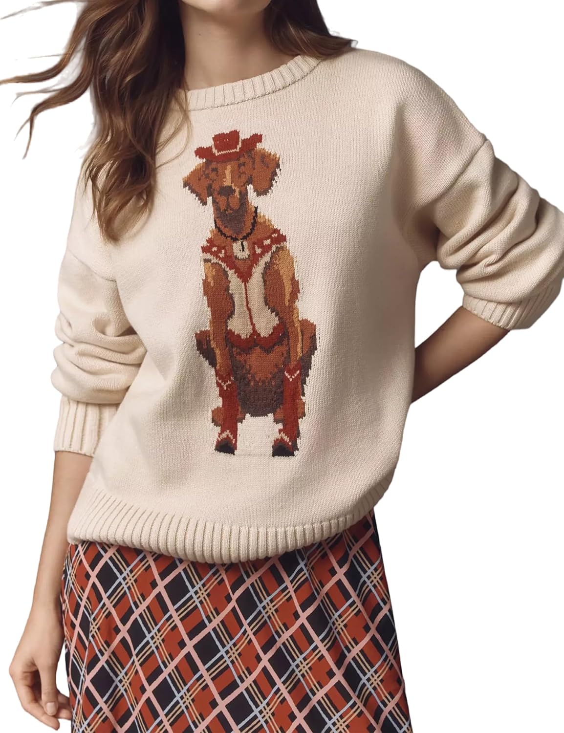 Women Dog Print Sweater Crew Neck Long Sleeve Knit Top Pullover Jumper Fall Winter 2025 Cloth Outfits