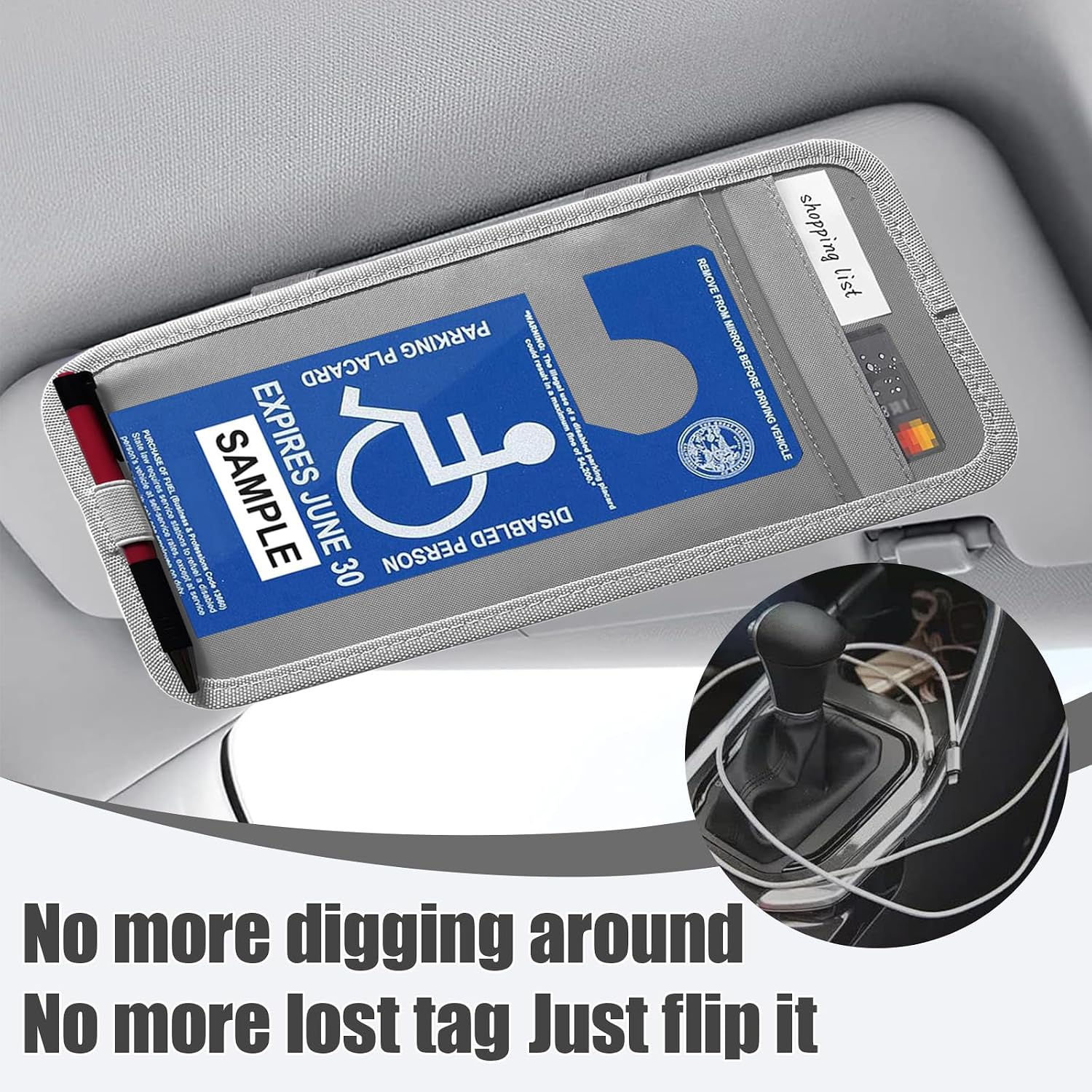 ZIMISI Handicap Placard Holder for Car, Universal Transparent Disabled Parking Permit Sign Protector, Auto Sun Visor Storage Clip Accessories with Pen Holder, Card Slot, Elastic Strap (Grey)