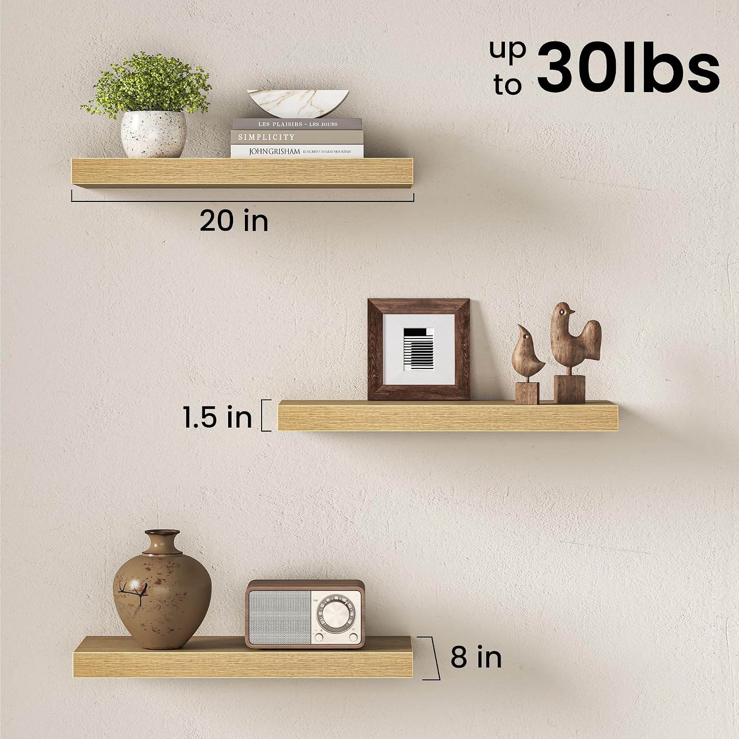 Fun Memories 20 Inch Floating Shelves for Wall, 8 Inch Deep Rustic Wood Wall Mounted Shelves with Invisible Brackets for Bathroom, Bedroom, Kitchen & Living Room Storage Decor, Oak, 2 Pack image 3