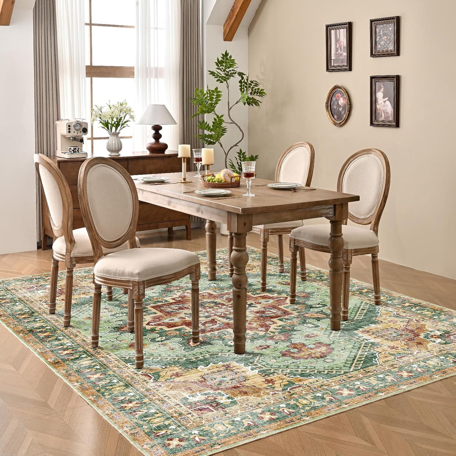 8x10 Large Area Rugs for Living Room,Non Slip Vintage Boho Rug,Machine Washable Mat,Low Pile Rug,Floor Carpet Distressed Printed Area Rug for Bedroom Dinning Room Office Farmhouse-Green&Orange 8'x10'