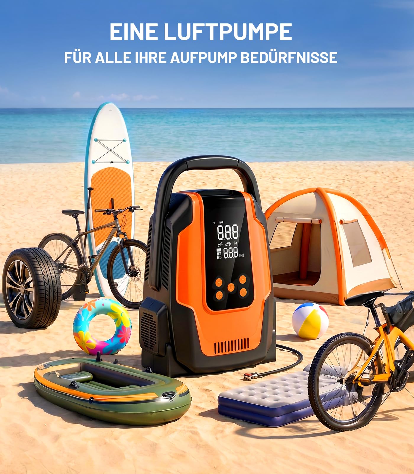 SUP Pumpe Elektrisch, 50PSI 3in1 Elektrische SUP Luftpumpe 12V DC Autoanschluss mit Inflation Auto-Off/Ausgasungsfunktion/LED, für Paddel/Kajaks/Autoreifen/Boote/Zelt Usw