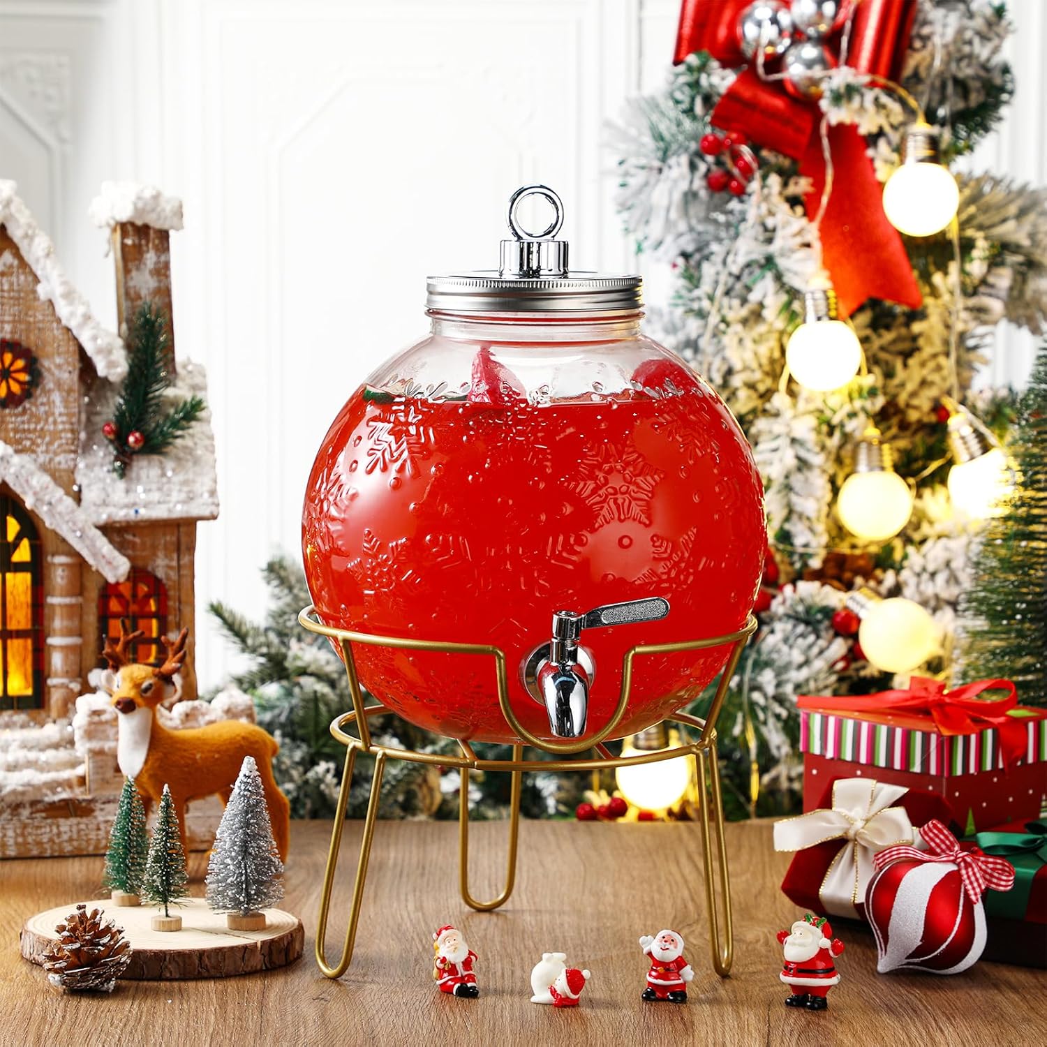 1.5 gallons glass christmas drink dispenser with steel stand snowflake beverage dispenser funny snowflake flask for christmas parties daily use