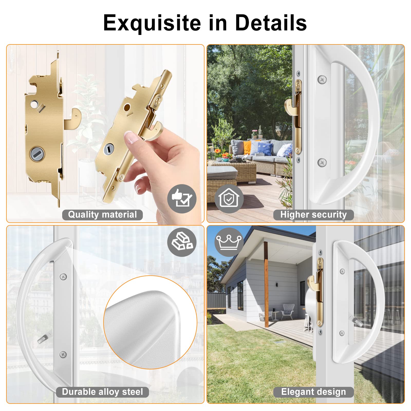 Sliding Door Lock With Mortise Lock – Reversible Handle, Fits 3-15/16″ Hole Spacing, White, No Key, Patio Glass Door Lock Set